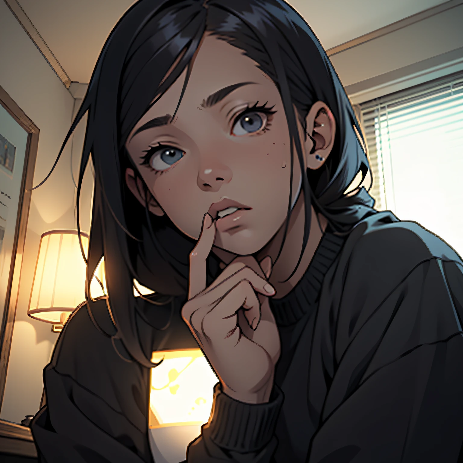 Looking up, putting his index finger to his chin, tilting his head, shot from the front, woman in plain clothes, insanely detailed description, anime style, background is his home room. --auto