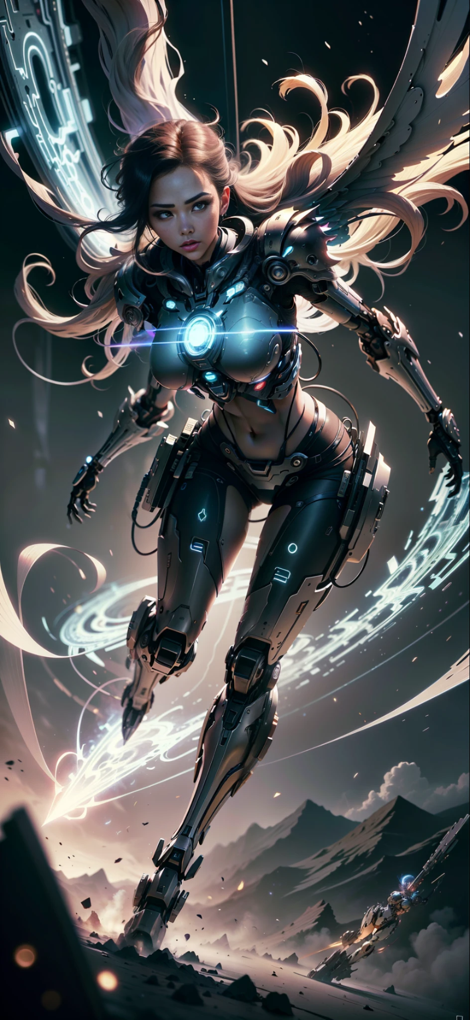((Best Quality)),half-body ((masterpiece)), (very detailed: 1.3), 3D, beautiful, (cyberpunk: 1.6), in space, nebula, (holding_weapon: 1.3), laser, (1Female mecha: 1.3), sexy body, in front of the audience, bright eyes, full body, (flying, descending, dynamic, motion blur: 1.4), (huge mechanical wings: 1.6), looking up, glowing_eyes, wick, panorama, background is earth, nebula, space, particles, reality, HDR (high dynamic range), ray tracing, NVIDIA RTX, Super resolution, Unreal 5, subsurface dispersion, PBR textures, post-processing, anisotropic filtering, depth of field, maximum clarity and clarity, multilayer textures, albedo and specular maps, surface shading, accurate simulation of light-material interaction, perfect proportions, rendered octane, two-tone lighting, large aperture, low ISO, White balance, rule of thirds, 8K RAW, efficient subpixel, subpixel volume product, (best quality), (Japanese: 0.5), (Korean: 0.8), (Liu Yi Fei: 1.5) long hair, (large chest: 1.2), (underboob: 1.5), (white transparent lace mini skirt: 1.5) --auto