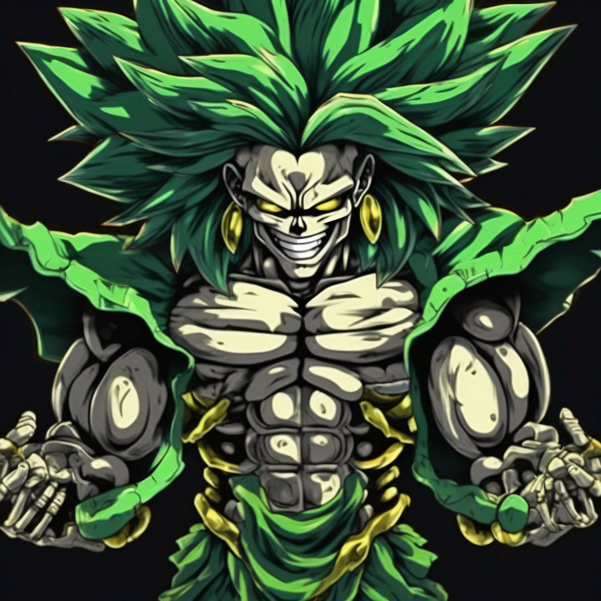 THE SKELETON OF THE CHARACTER BROLY, ON A BLACK BACKGROUND, THE CHARACTER BROLY OF DRAGONBALL Z HIS SKELETON