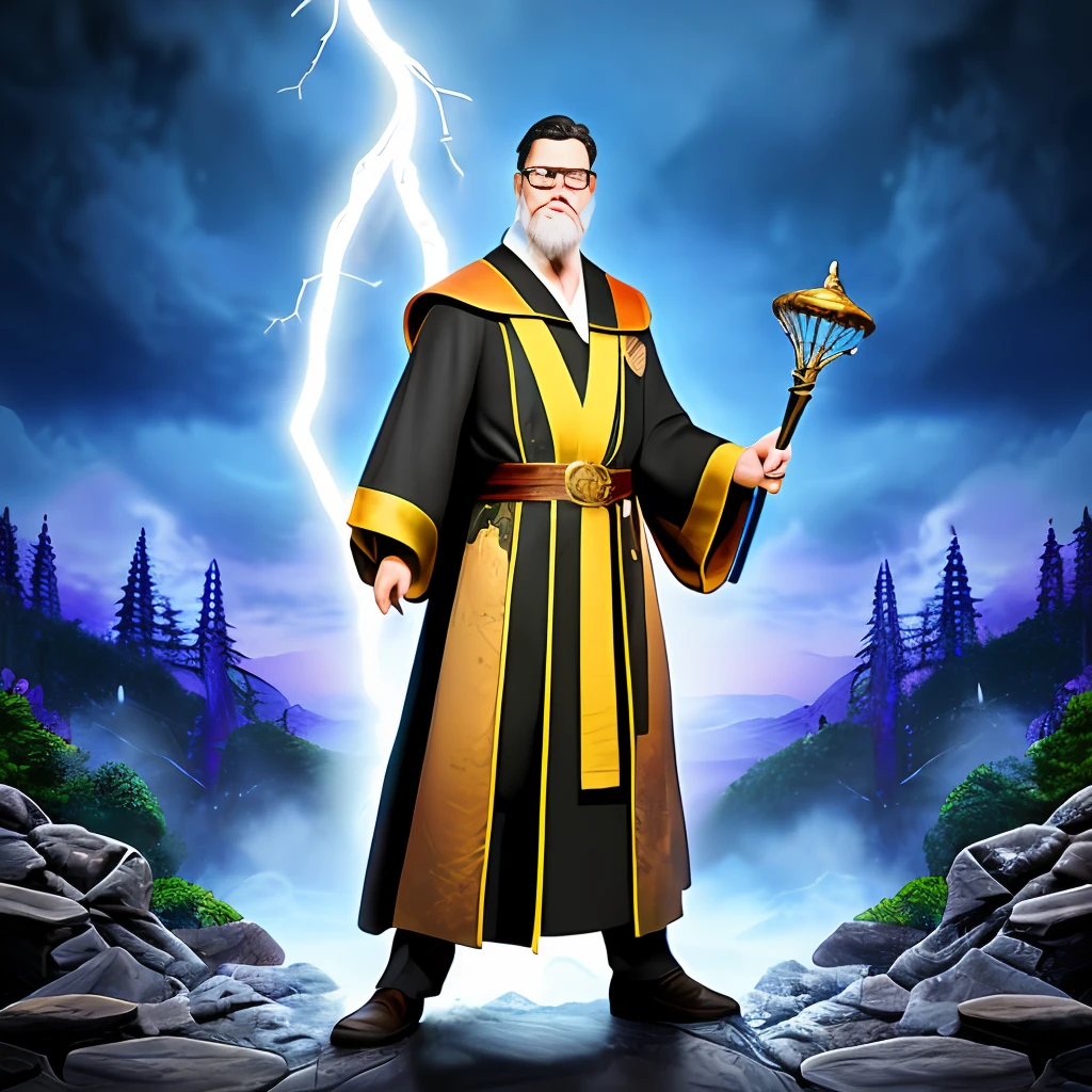 GuttenterdVision6, a wizard with his unmistakable white beard, with his intricate robes, holding a staff with a shiny gemstone at the tip, conjuring his powers, lightning and mystical energies are part of the scene. Thematic and detailed scenery with background blur.