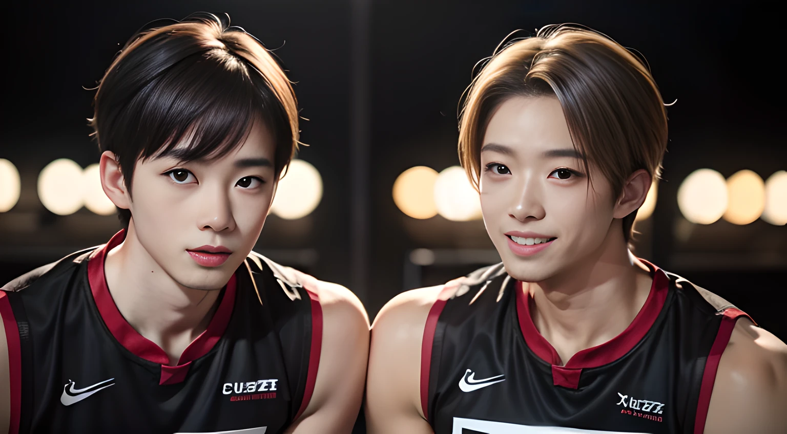 handsome muscular young man in his 30's, mischievous smile, dark blonde hair,