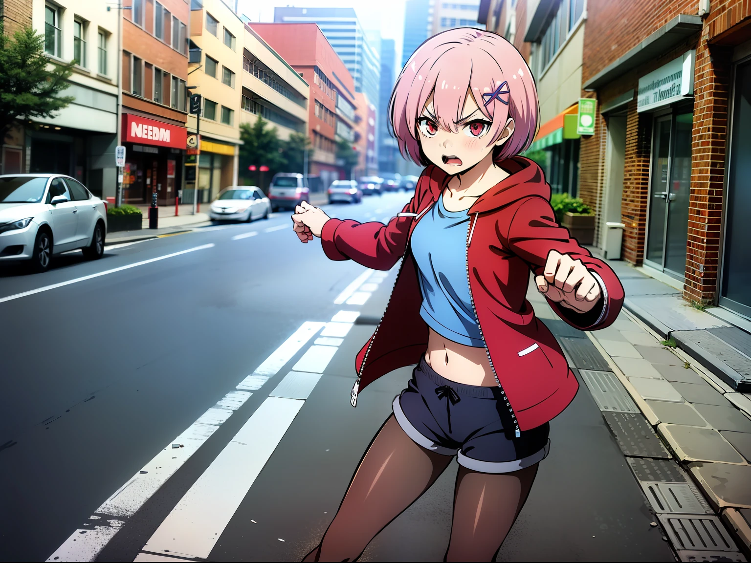 masterpiece, rem rezero, pink hair, red eyes, detailed eyes, angry face, red jacket hoodie, blue shirt, dark shorts, pantyhose, casual oufit, middle of the street, legs apart, action pose, prepared for a fight,