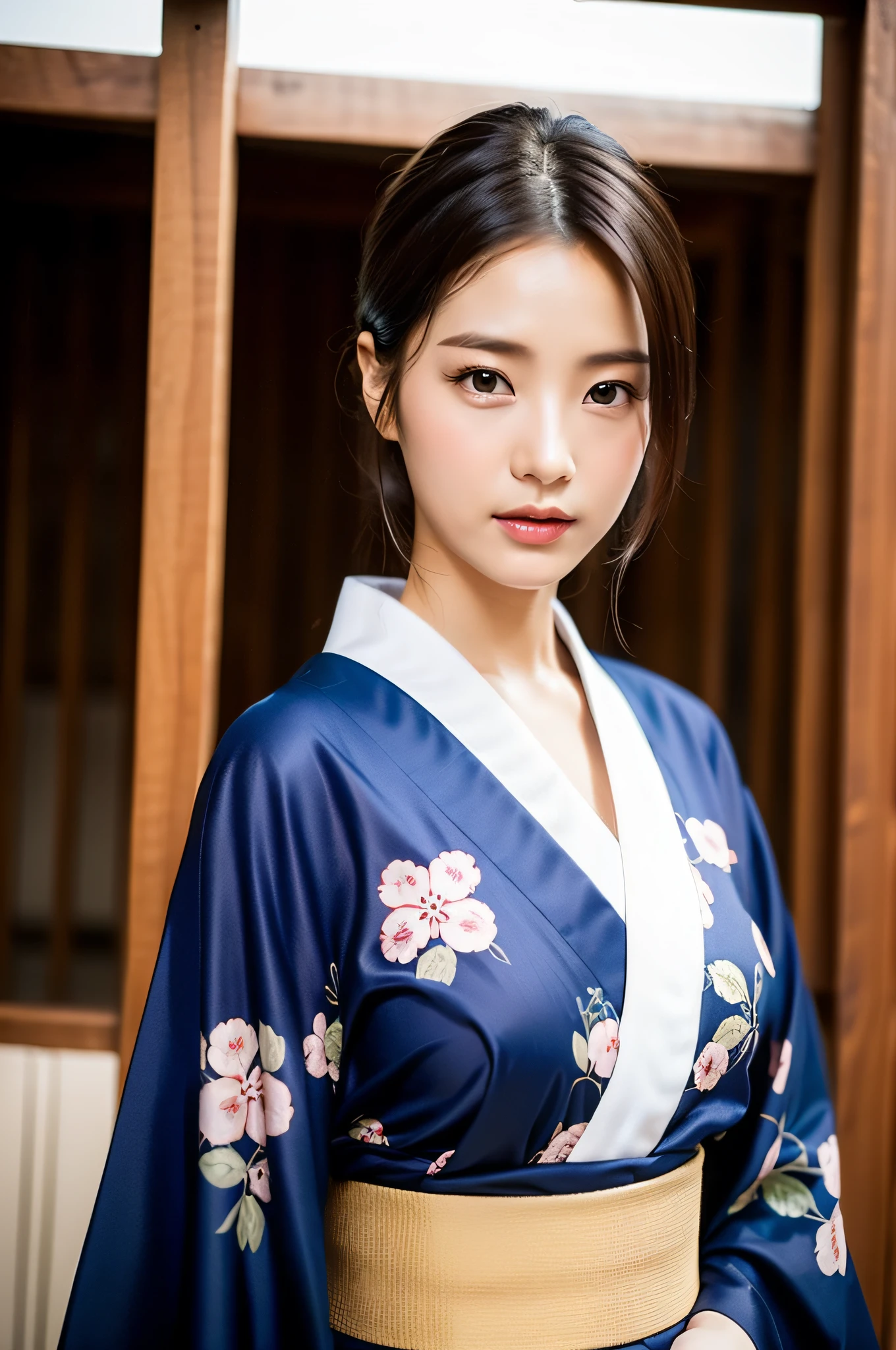 ((Best Quality, 8K, Masterpiece: 1.3)), Sharp Focus: 1.2, (Super Beautiful Face: 1.0), (Slender Abs Beauty: 1.0), (Shiny Skin: 1.0), Realistic Photography, Black Hair, Realistic Pupils, Video Lighting, High Definition Eyes and Face, Video Lighting, (Cowboy Shot: 1.3), (Kimono, Hakama, Obi: 1.4), (Korean Cute Actress), Traditional Kimono, Front Off, Big