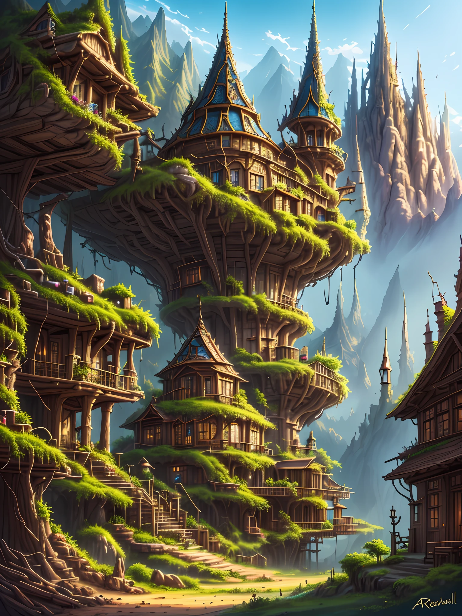 there is a tree that has a house on it in the middle of the forest, tree town, made of tree and fantasy valley, elven city, elven architecture, medeival fantasy town, fantasy town setting, highly detailed fantasy art, painted by andreas rocha, epic rivendell fantasy, detailed fantasy digital art, beautiful 3 d concept art