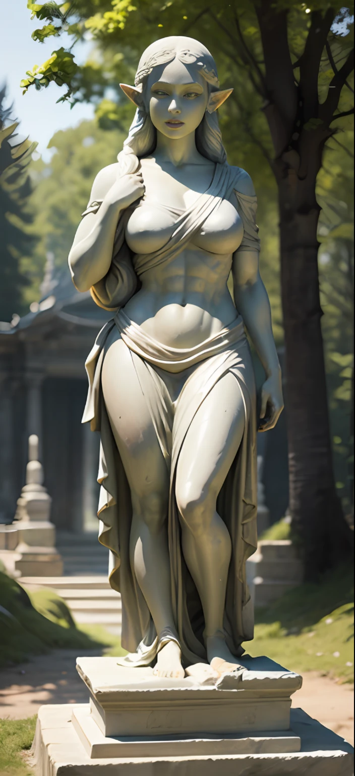 Muscular Girl, wheyfu, as a white stone marble figure, female statue, an ancient roman statue, upright, Zelda, Zelda outfit, temple in forest