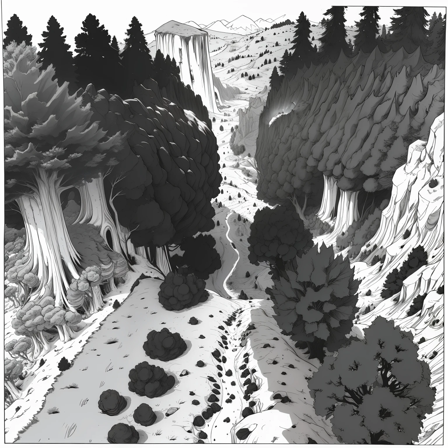 forest,with 2 mountains in the background,forest full of trees,angle from above,perspective,vanishing point,empty forest,manga style,Akira Toriyama dash,black and white,black and white tone,lineart,manga panel --seed429403347