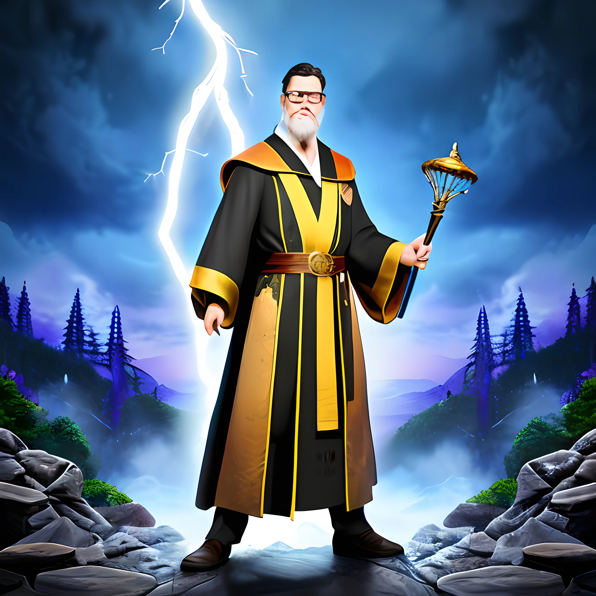 GuttenterdVision6, a wizard with his unmistakable white beard, with his intricate robes, holding a staff with a shiny gemstone at the tip, conjuring his powers, lightning and mystical energies are part of the scene. Thematic and detailed scenery with background blur.