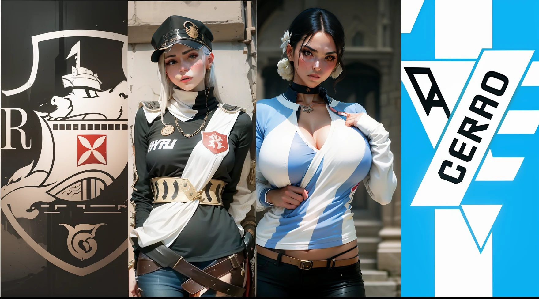 Two gorgeous and serious women with perfect and flashy bodies, Representing their logos in clothing of powerful medieval monarchies of war --auto