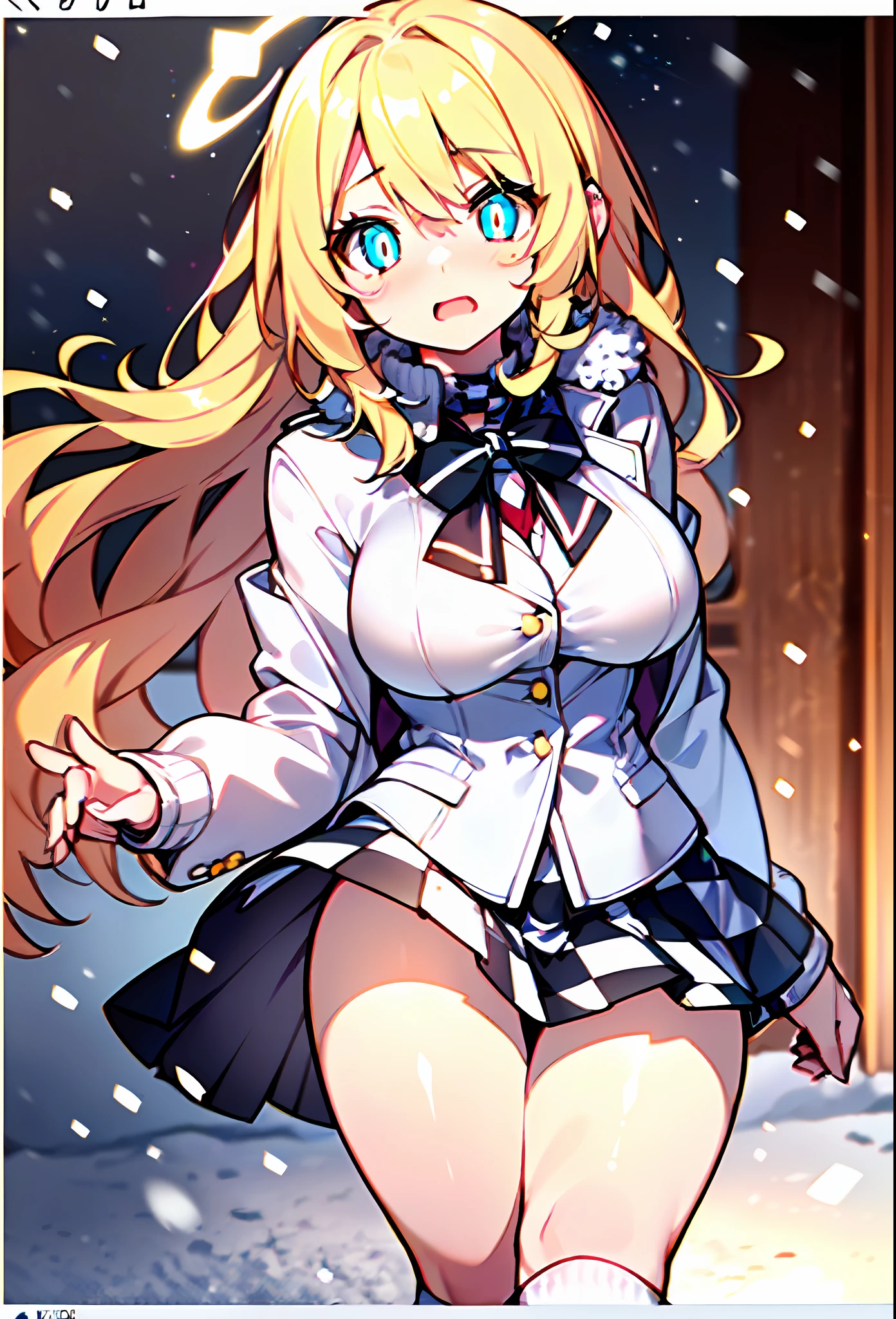 {{{{masterpiece, extremely detailed, intricate details, soft focus, 8K, highres, depth of field, absurdres, high quality facial shadowing, dynamic shadowing, extreme shaders, cinematic lighting, perfect lighting, soft lighting, hazy lighting, blurry foreground, lens flare}}}}, best quality, asian qualities, {front view}, (solo:1.2), (beautiful young girl:1.3), high school girl, {{{extremely detailed girl, perfect anatomy, perfect body}}}, (detailed neon angel halo:1.4), bright yellow double halo, (beautiful-detailed hair:1.3), (yellow-blond hair:1.3), long luscious hair, (multi-layered hair:1.5), (hair splayed out:1.2), beautiful-detailed facial structure, detailed beautiful face:1.3, sexy face, cute face, slender facial structure, (detailed face:1.33), big eyes, (detailed glowing eyes:1.4), glowing bright blue eyes, (detailed facial expression:1.1), shy, embarrassed, detailed-slight red blush, (detailed boobs:1.3), small size boobs:1.4, (slim waist:1.1), (slim legs:1.1), standing up, (winter school uniform:1.3), (detailed pure white winter school jacket:1.5), (detailed pure white checkered winter school skirt:1.5), (detailed pure white socks:1.5), (detailed black school shoes:1.3), winter night, (enhanced background:1.4), snow falling at midnight with clear skies overhead with a waterfall in the background, snow on sidewalks with Christmas lights on tree's surrounded the viewer, (full body shot:1.1), hazy photo, (warm photo:1.3)