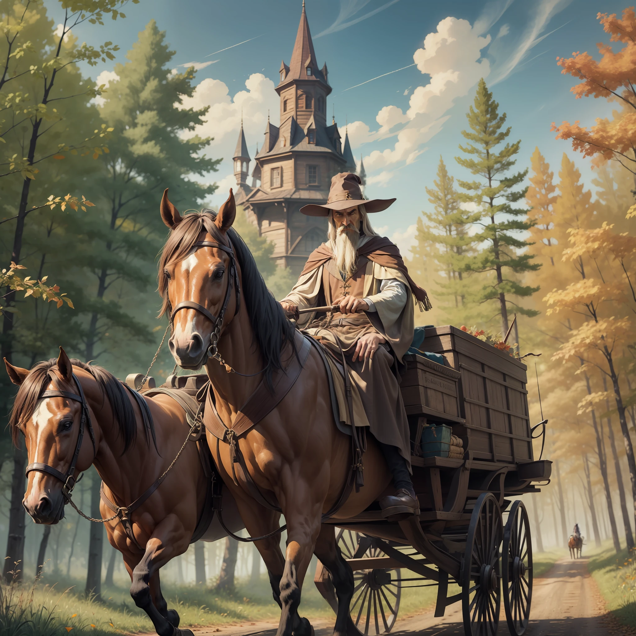 A wizard in brown robes and a pointed hat traveling in a horse-drawn wagon in the middle of an autumn forest