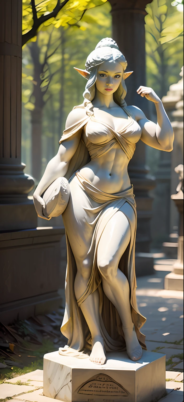 Muscular Girl, wheyfu, as a white stone marble figure, female statue, an ancient roman statue, upright, Zelda dress, Zelda outfit, temple in forest