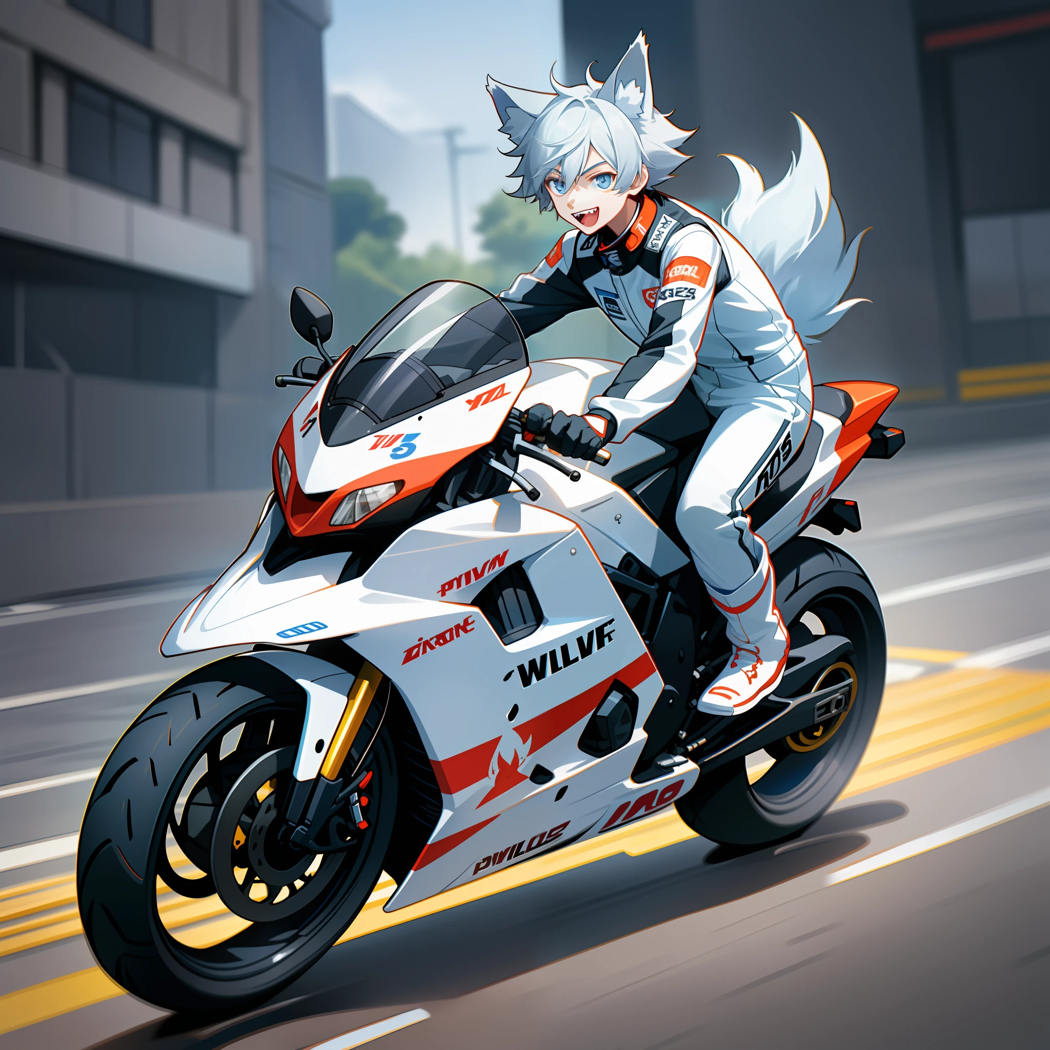 Game CG, Little Boy, Boy Sense, Anime Male Protagonist, Wolf Ears, A Wolf Tail, Toothy Smile, Fangs, Motorcycle Goggles, Pixiv, White Blue Jumpsuit, White Fingerless Gloves, Racing Boots, Motorcycle Racer, Blue-Silver Motorcycle, Full Body Portrait