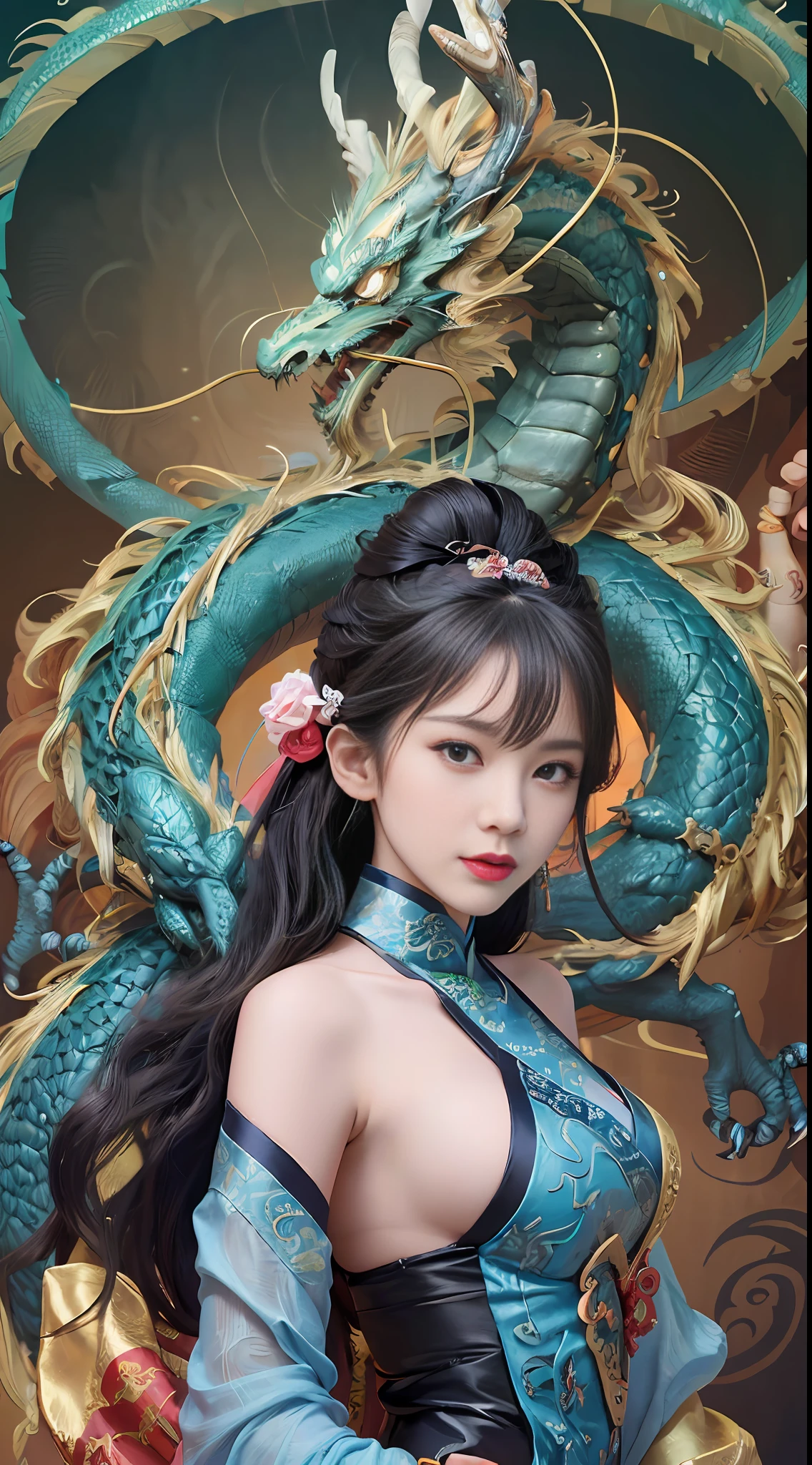 Zhong Fenghua, gorgeous hanfu, official art, Unity 8k wallpaper, super detailed, beautiful beauty, masterpiece, best quality, (tangled, tangled, tangled), (fractal art: 1.4), (character center: 1.3), 1 girl, dragon rape girl, dragon foot inserted into ass, back in ,dragon foot pierced ass, shocking domineering chinese dragon, detailed dragon head, black hair, long ponytail, Chinese, off-the-shoulder,, very detailed, dynamic angle, denim shot, (most beautiful form of chaos), ethereal, (bright colors), oc , (half: 1.2), China, (Thangka Feitian: 1.5), (Ribbon: 1.3), (Dream: 1.5), (Hanfu: 1.5), Chinese dragon, Chinese phoenix, (smile: 0.5), (Chinese god), (masterpiece, top quality, best quality, ultimate detail, highest detail, official art, beauty and aesthetics: 1.2), golden ratio, full composition