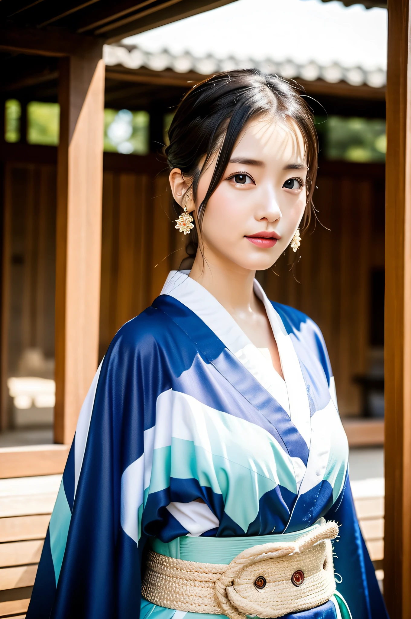 ((Best Quality, 8K, Masterpiece: 1.3)), Sharp Focus: 1.2, (Super Beautiful Face: 1.0), (Slender Abs Beauty: 1.0), (Shiny Skin: 1.0), Realistic Photography, Black Hair, Realistic Pupils, Video Lighting, High Definition Eyes and Face, Video Lighting, (Cowboy Shot: 1.3), (Kimono, Hakama, Obi: 1.4), (Korean Cute Actress), Traditional Kimono, Front Off, Big