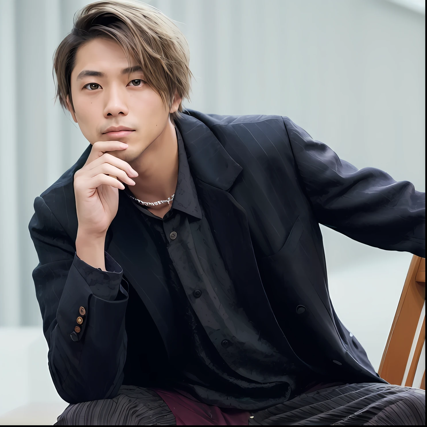 there is a man sitting on a chair with his hand on his chin, keisuke goto, style of kentaro miura!!!!, kentaro miura style, kentaro miura!, toru furuya, kousuke oono, fukaya yuichiro, yosuke ueno, kazuya takahashi, kentaro