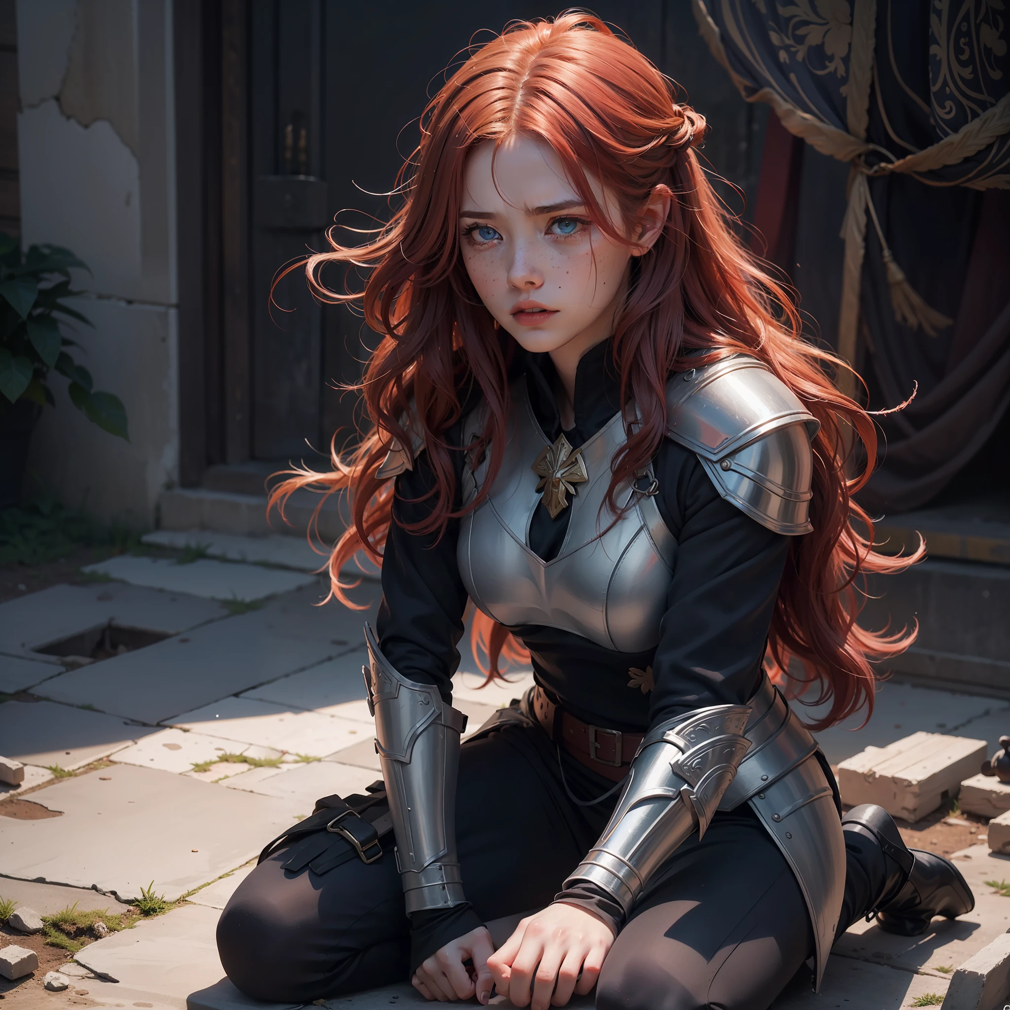 Ultra detailed, wide scene, scenery in the middle of a war between gods, a woman, long wavy hair, messy hair, light red hair, detailed eyes, darkblue eyes, clothing (Greek soldier armor), kneeling, tears of blood falling from her eyes, blood everywhere, freckles, realistic face, porcelain skin, dead people