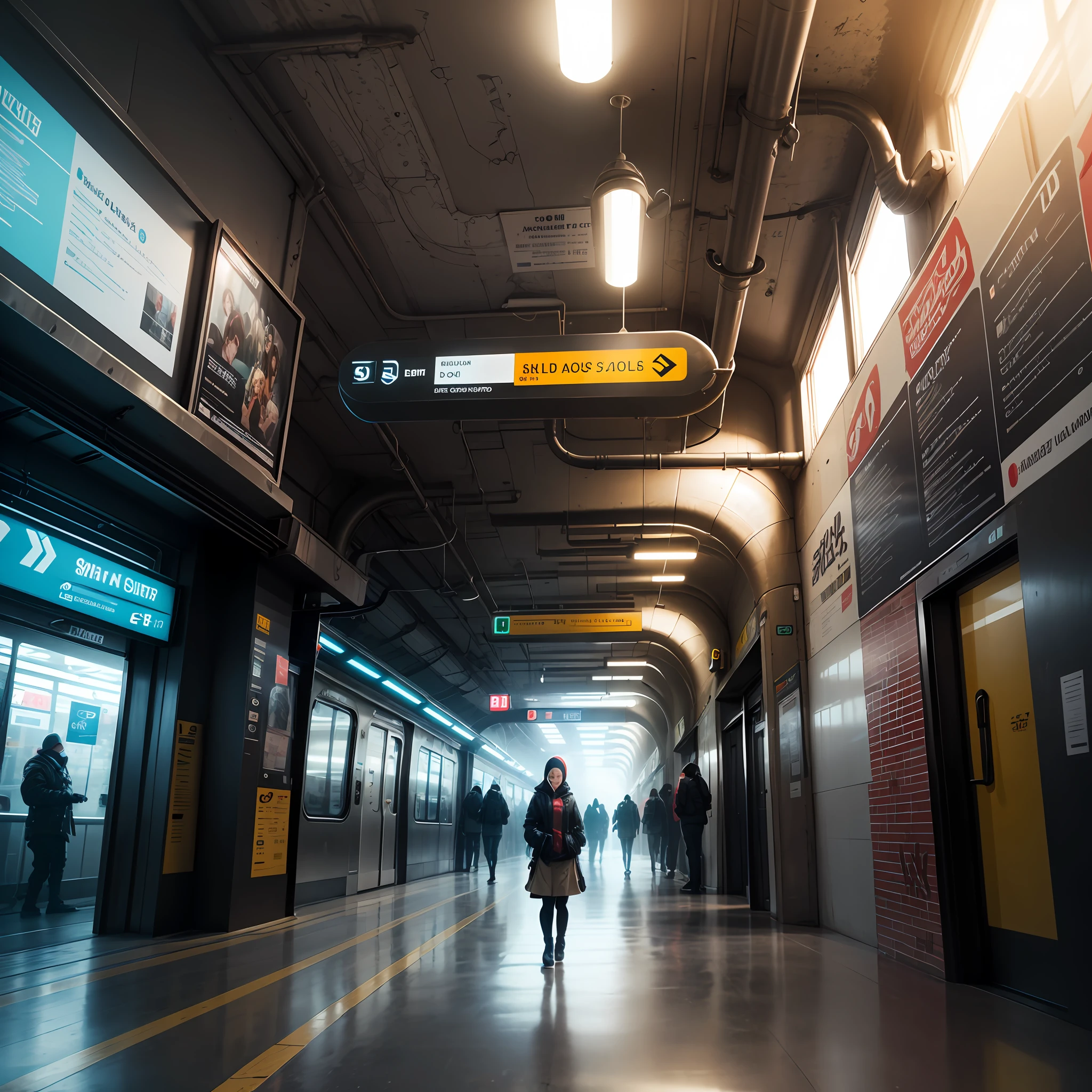 Subway station, futuristic, sci-fi, 3D, auta quality, 4K, portrait, apocalyptic, day, graffiti, tava. --auto
