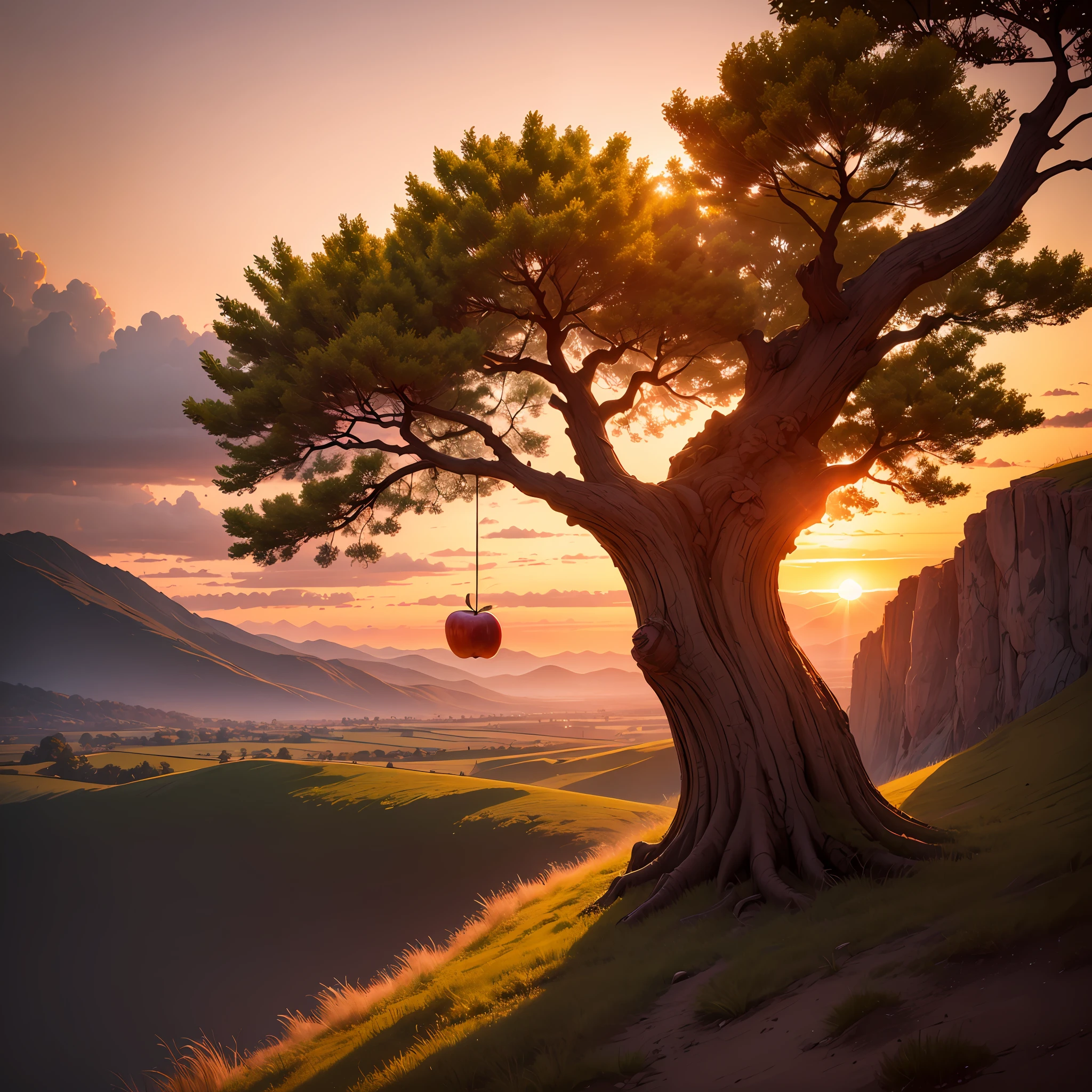 "Landscape with stunning sunsets, depicting a solitary tree and a suspended golden apple." --auto