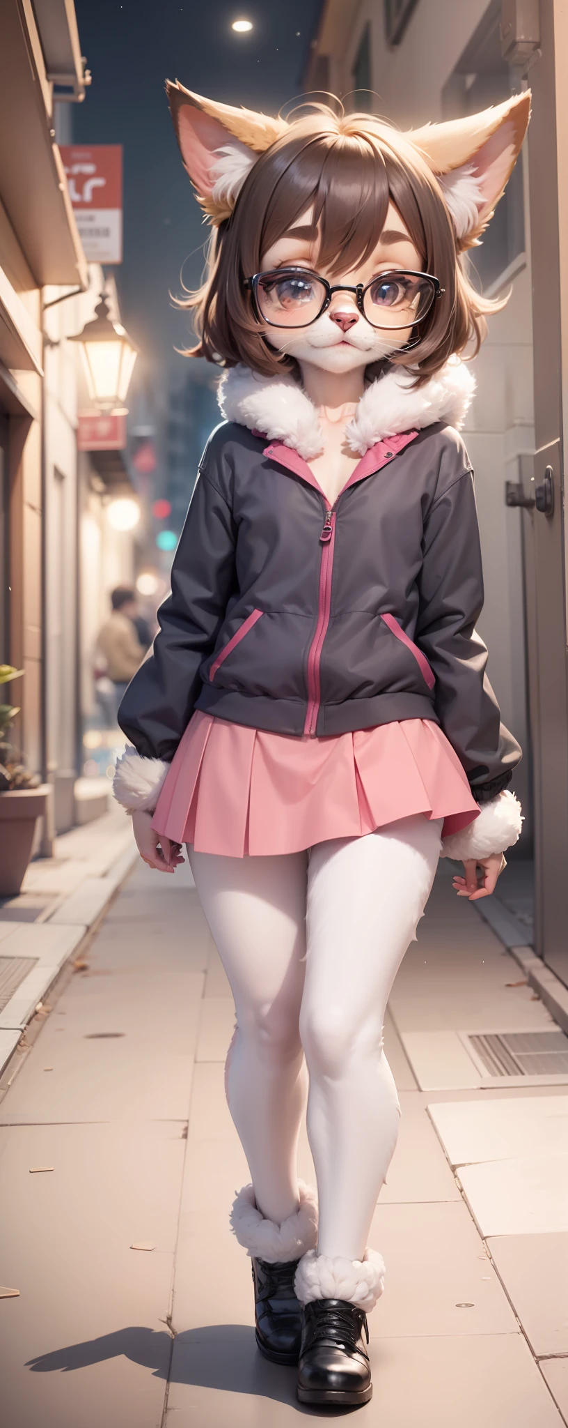 Anthro furry, fursona, dark brown hair, wearing black and pink skirt, pose, city in the night background, 1solo, wearing square glasses, walking, fur, fur body, full body covered in fur, fluffy paws, fur body, fluffy body, small size, small body, cute fursona, cute body, fluffy, small size, kid, femboy, feminine boy, flat chest