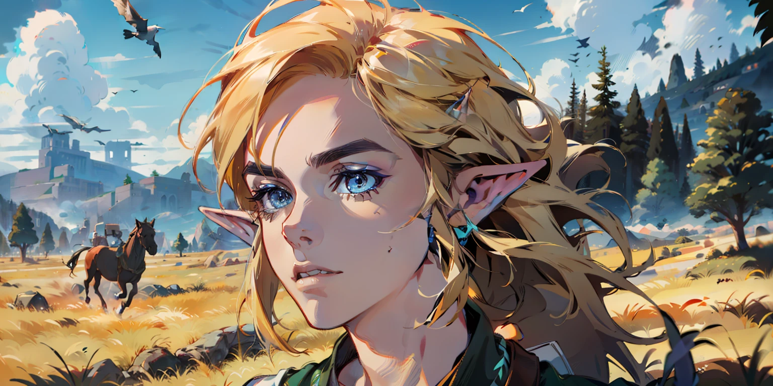 (absurdres, highres, ultra detailed, realistic), (1 male, solo, adult, Link, elf, tall blond guy, broad shoulders, handsome), pretty blond hair, blue eyes, (angular jaw, thick neck, thick eyebrows), BREAK, forest, fantasy, breath of the wild, botw, extremely detailed face, gorgeous face, beautiful detailed eyes, clear eyes, beautiful hair. Hyrule kingdom, rolling hills, amazing background, beautiful fields, wild horses, running horses, hawks, deers, wild life, wide open fields, dancing grass, blue skies, lovely skies, big clouds, masterpiece, perfections, golden ratio, perfect design, rule of thirds,