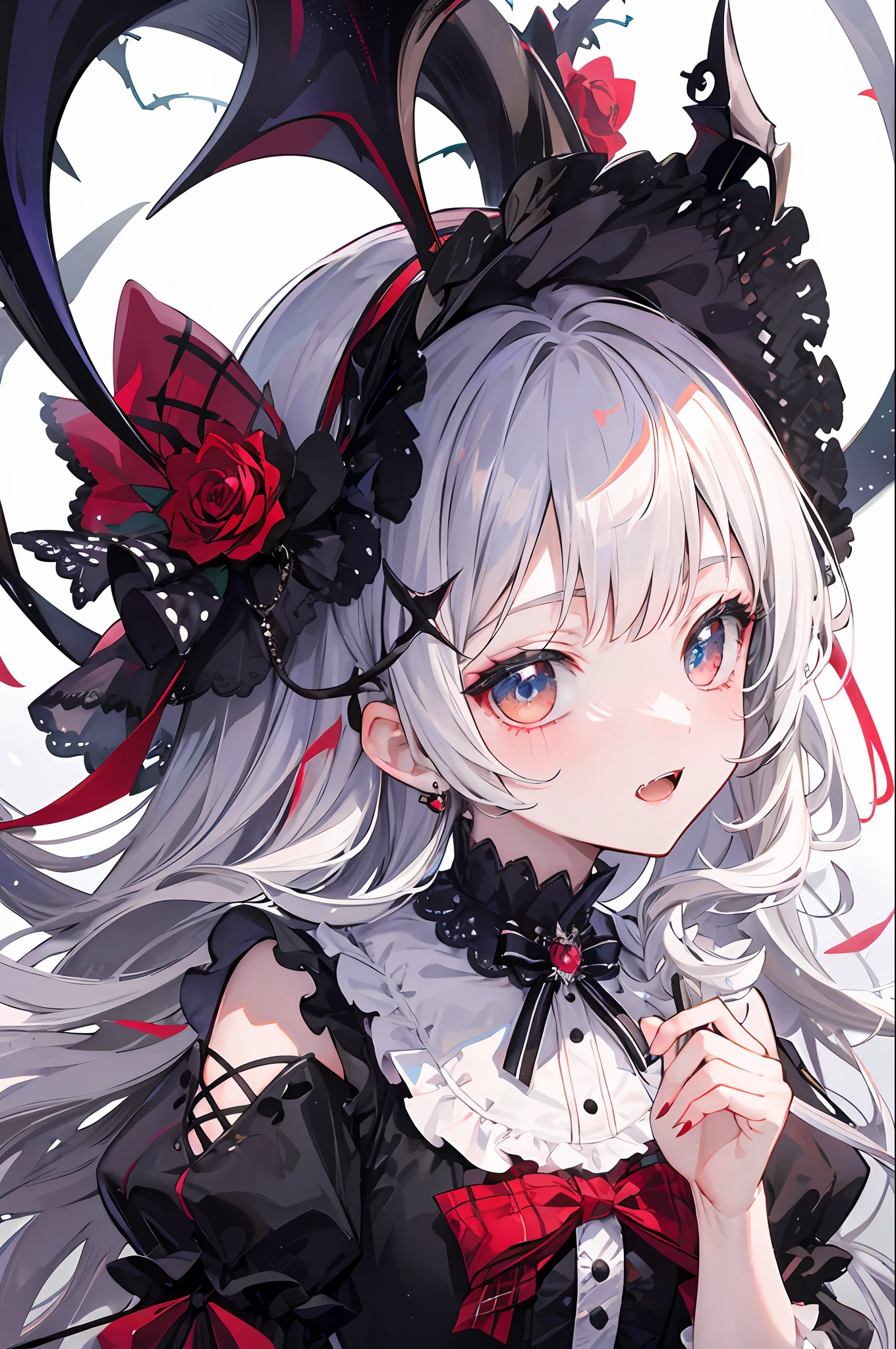 Vampire, fangs, plaid dress, super gorgeous, extremely detailed, complicated hairstyle, bow, lolita fashion, lolita style, anime girl cosplay, loli, cute, angelic pretty, loli, portrait of lolita girl, red checker, y 2k, y2k, emo style, non-mainstream, red checker, mine-series girl, harajuku style, exaggerated dressing, intricate ornaments, rock style, gothic style, demon horn, vine wrapped around the hand, thorn rose