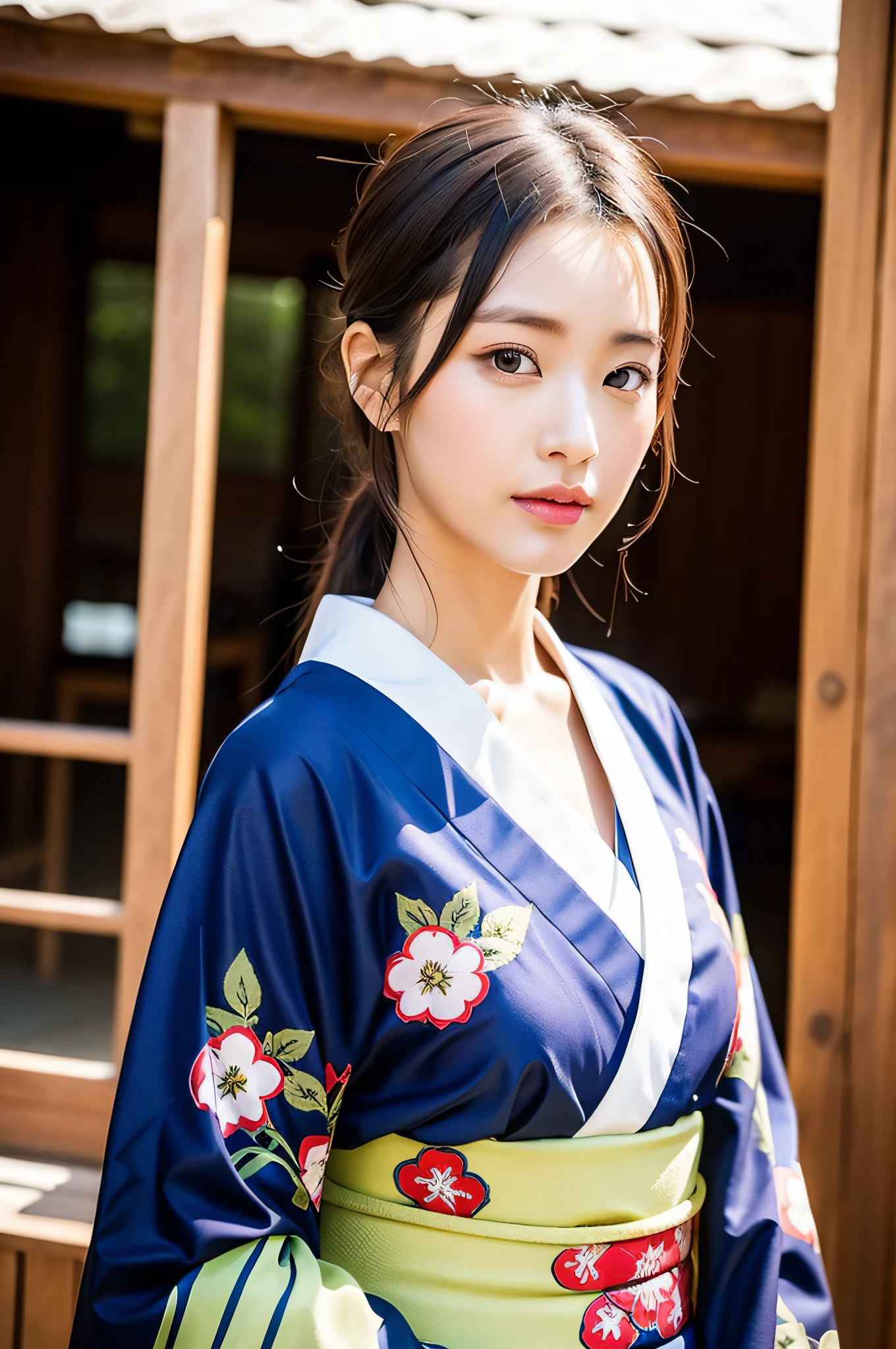 ((Best Quality, 8K, Masterpiece: 1.3)), Sharp Focus: 1.2, (Super Beautiful Face: 1.0), (Slender Abs Beauty: 1.0), (Shiny Skin: 1.0), Realistic Photography, Black Hair, Realistic Pupils, Video Lighting, High Definition Eyes and Face, Video Lighting, (Cowboy Shot: 1.3), (Kimono, Hakama, Obi: 1.4), (Korean Cute Actress), Traditional Kimono, Front Off, Big