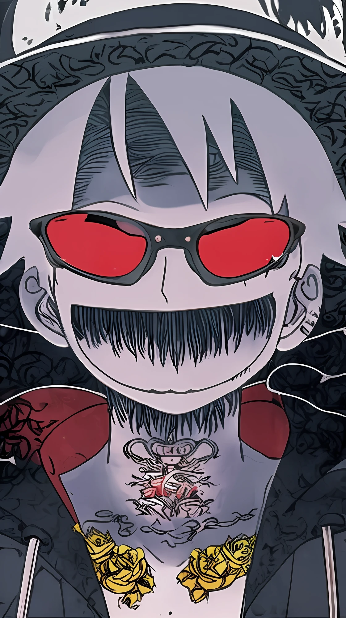 male anime character, with tattoos, with hat and reflective oakley glasses, luffy from One Piece, with straw hat, fair skin, smiling, smile, ear piercing, gray wall background.