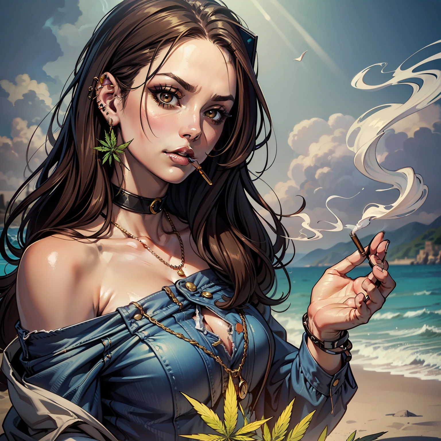(extremely detailed 8k wallpaper), dark theme, Wizard on the Rise, modern horror, 2020s, woman, 35 years old, modern witch, (((Magician of the Dream Speakers Tradition)))), wearing hippie shirt with ripped jeans, sharp focus, (subsurface scattering:1.1), award-winning photograph, centered face, Bruna Marquezini's face, nose piercings, eyebrow piercings, ear piercings, half-body photo:1.1, medium dark brown hair, heavy gothic eye makeup, light brown eyes:1.2, trance expression, stoning, mist, mystical smoke swirling in spirals, ((smoking marijuana on the beach)), dramatic lighting