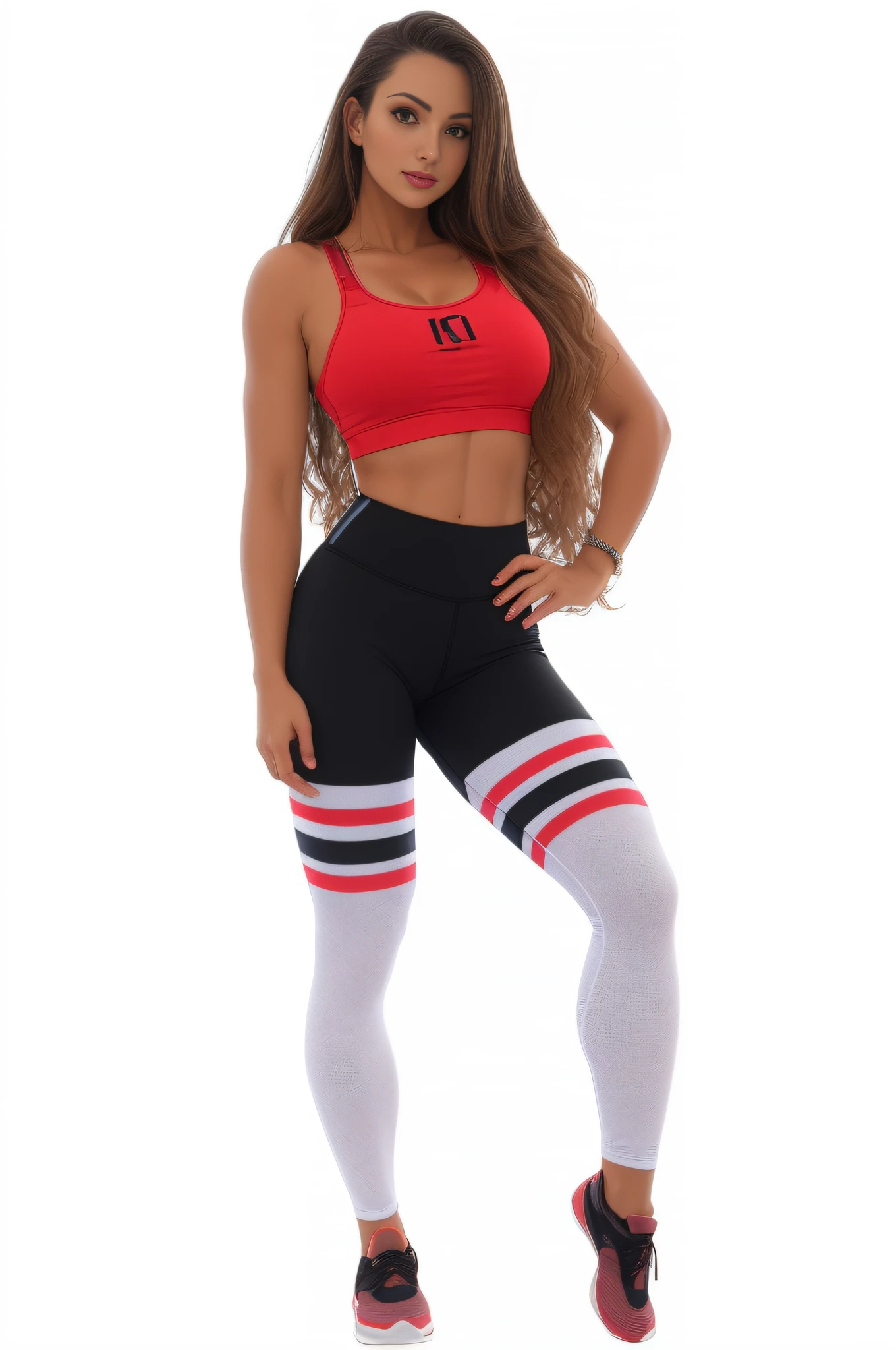 arafed woman in a red sports bra top and black leggings, red white and black, black red white clothes, red white and black colors, red white black colors, red black and white, two piece workout clothes, red white and black color scheme, red and white and black colors, white tights, red black white colors, red and black and white