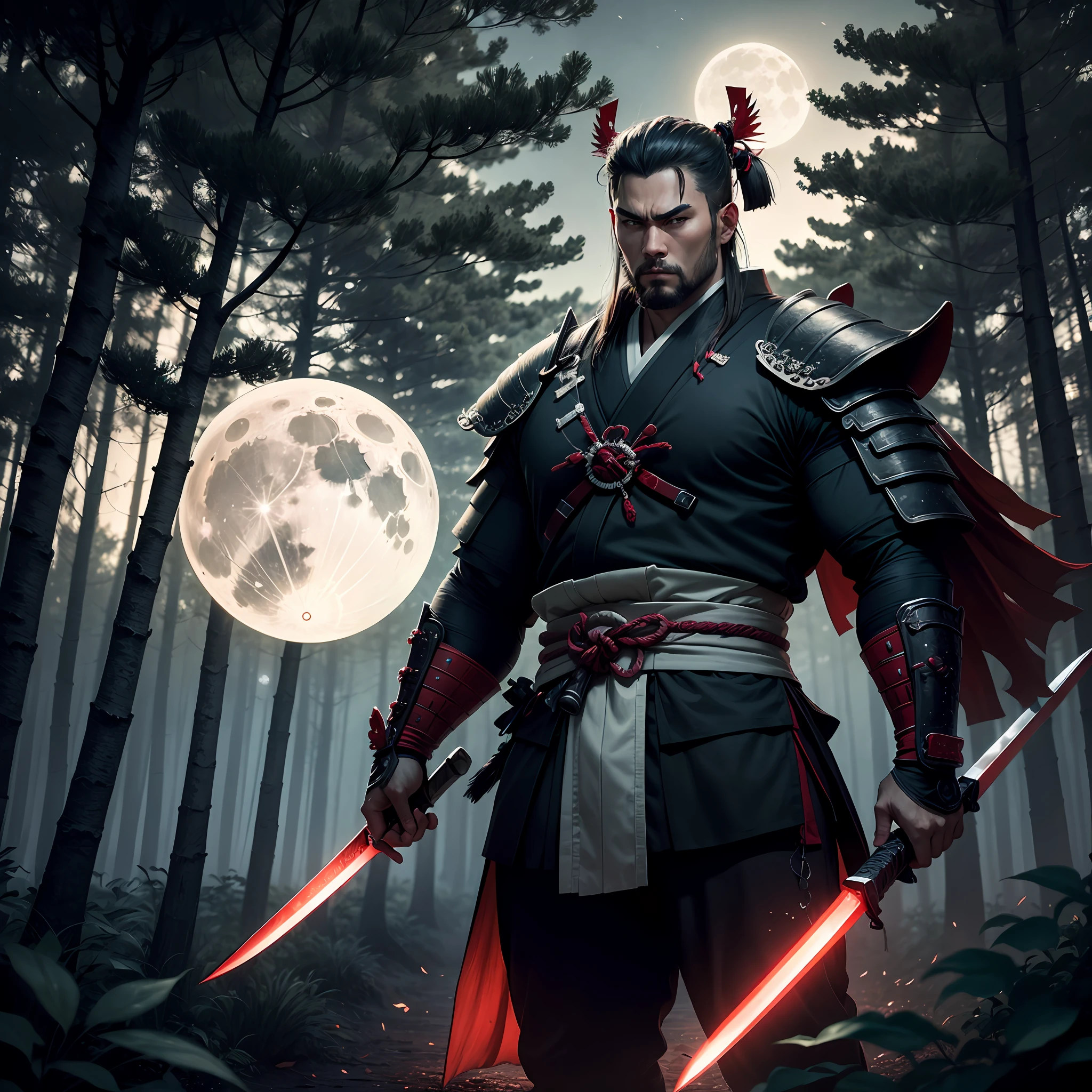 A large, strong Samurai with three different swords, one with the scarlet red color on the blade. The night inside a forest with a full moon in the sky. 4k --auto