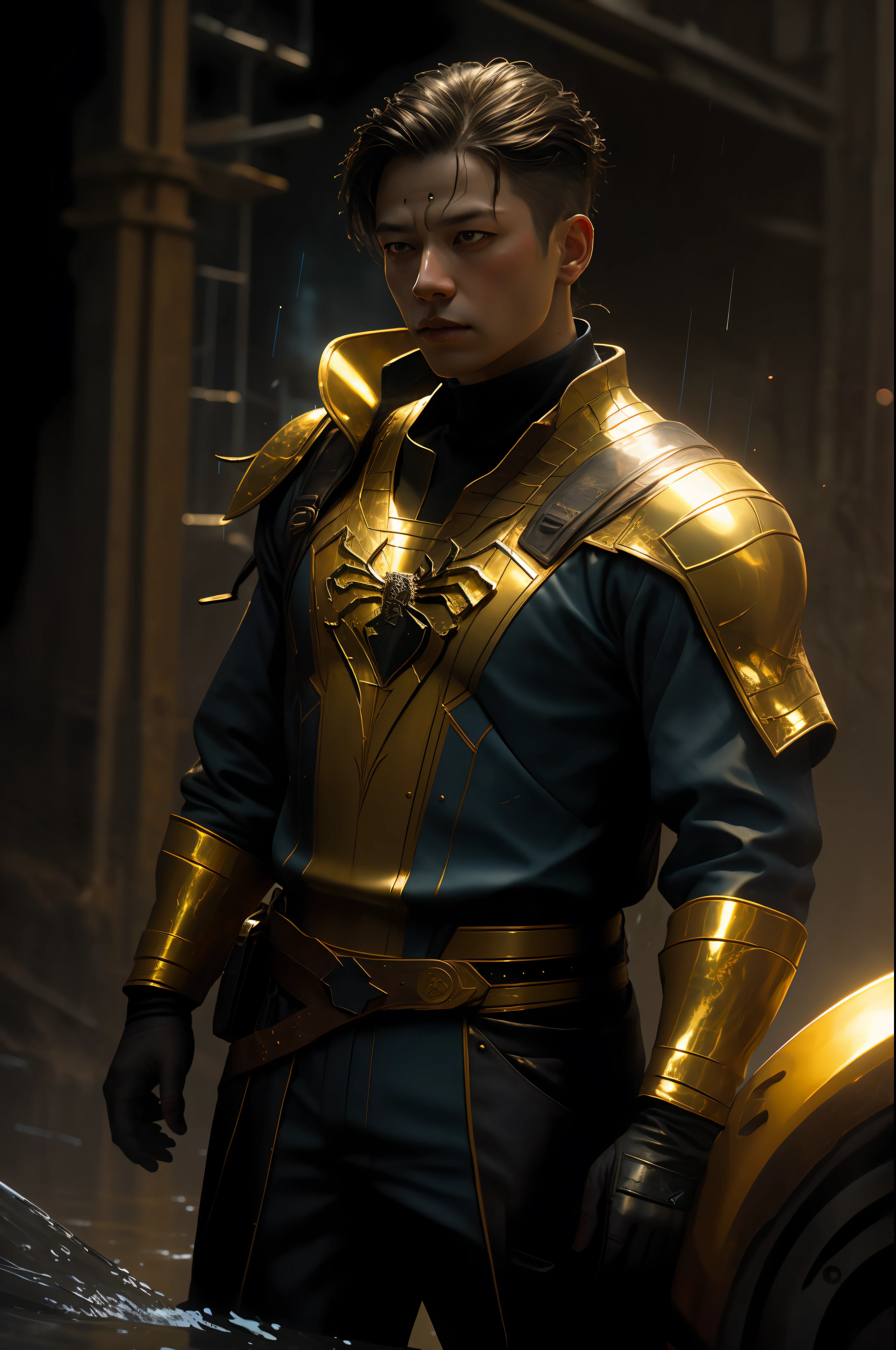 gold and white, spiderman, drip suit, heavy rain, magical, highly detailed, trending in artstation, unreal engine 4k, stanley artgerm lau cinematic wallpaper, wlop, rossdraws, james jean, andrei riabovitchev, marc simonetti, yoshitaka amano. james jean and gustav klimt background, julie bell light, 4k, porcelain skin, zdislaw beksinski style, detailed, 8k, dynamic lighting, white chromatic aberration, waterlogged