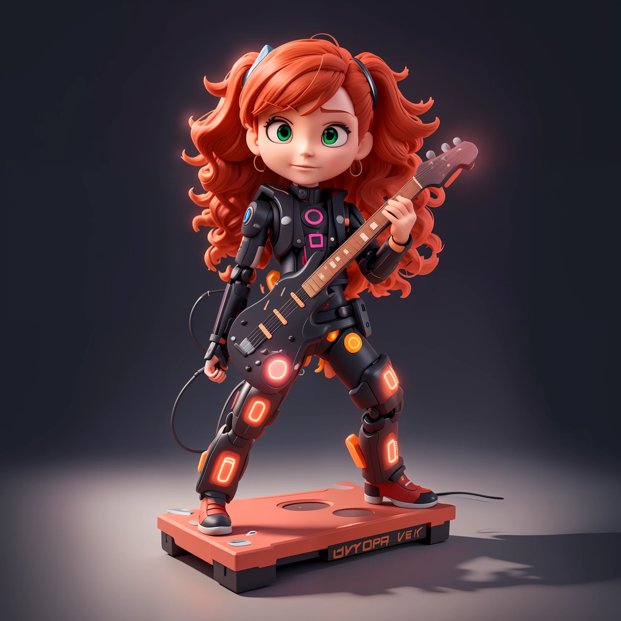 mechanical cyborg, chibi girl, playing guitar, resin mockup, intricate details, looking at viewer, bored pose, full body, black background, super trendy, with red hair, bored face, robotic arms, holding black mecha weapons, wearing black bulletproof jacket and functional shoes nike red black, light neon lines on jacket shorts and shoes, fine glitter, clay material, popmart style, cyberpunk, ip by popmart, blind box mockup, studio light, view front, 3d rendering, c4d, octane rendering, blender, hyper quality, ultra hd, ultra high details, 8k,