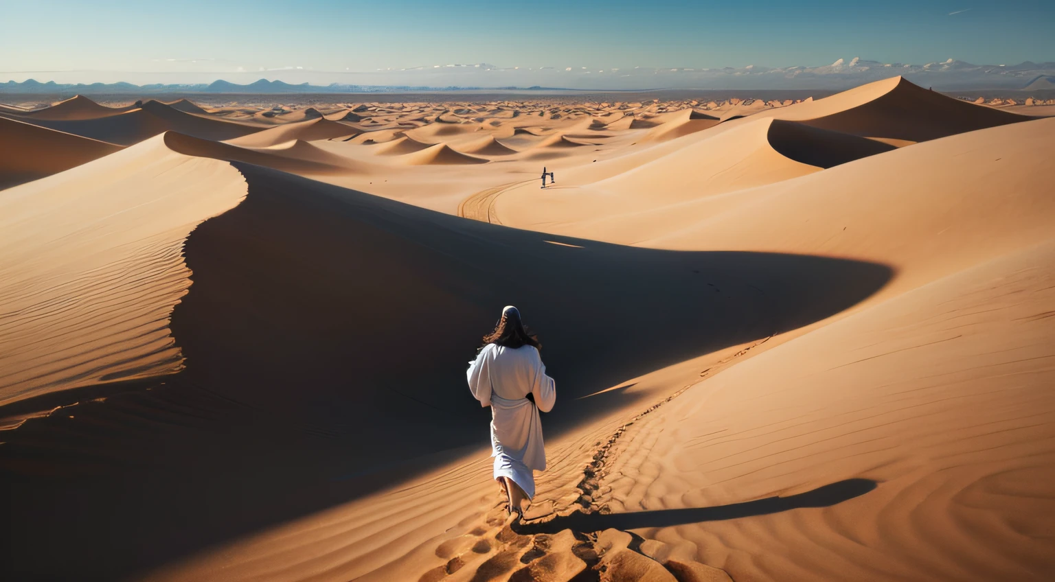 Jesus wearing a white robe, walking on his back in the desert, he is following a person, high resolution image, ultra HD, maximum quality, mega detailed, 8k --auto