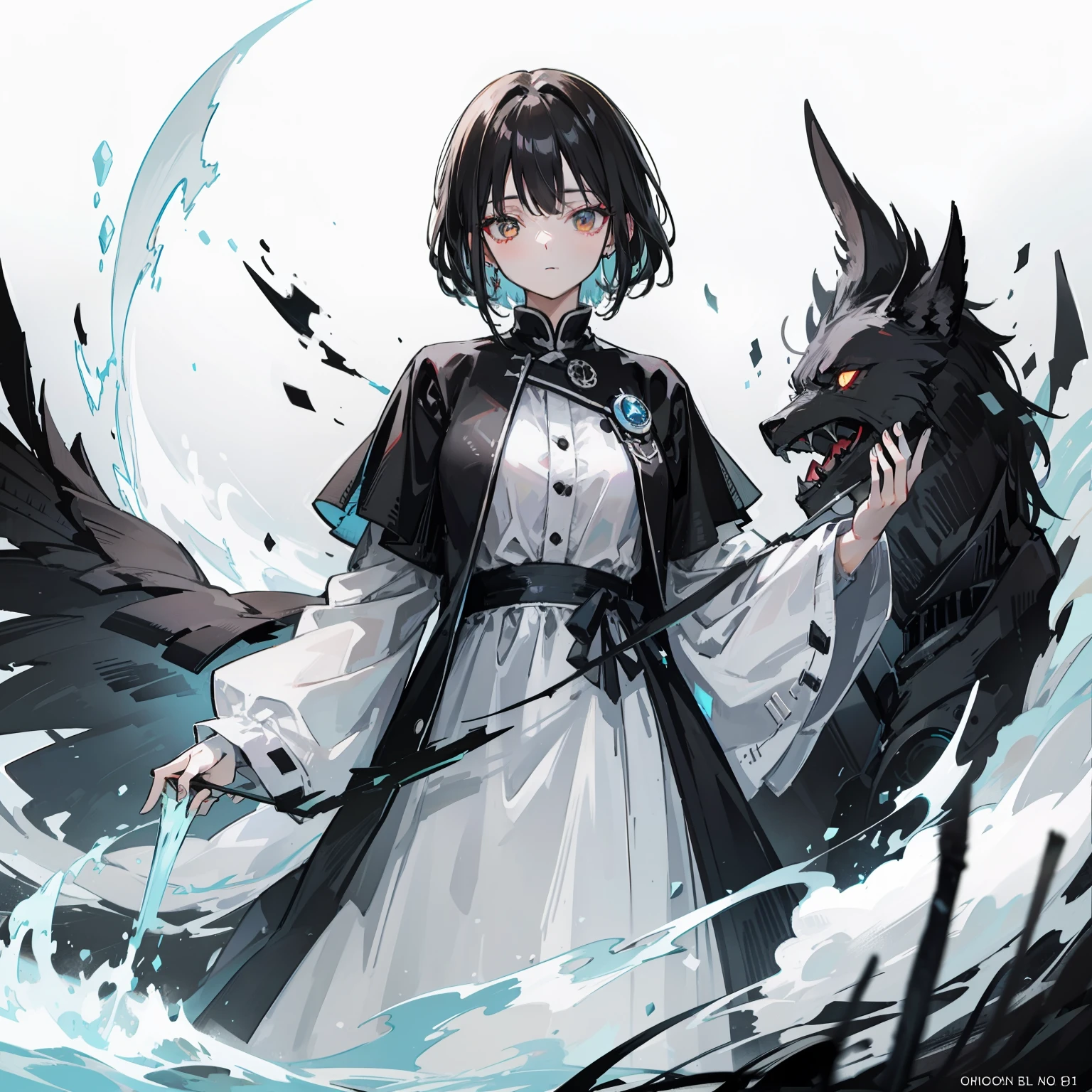 An old woman with stark-black hair, with glowing white eyes. Powerful, with a flowing dress.
