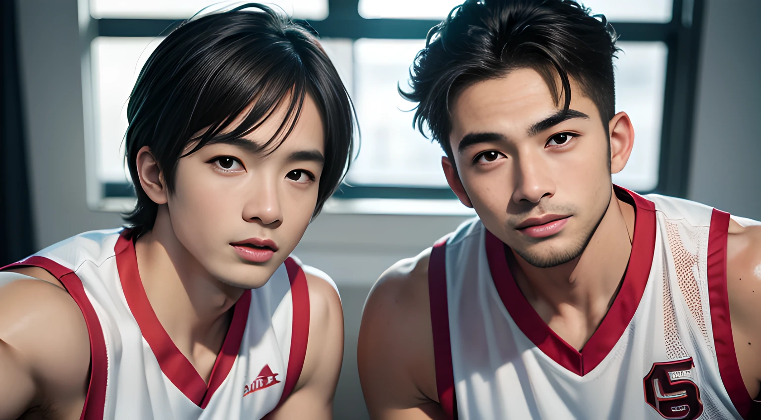 (all two men), very handsome muscular two young men in their 20's, they wear the same Basketball uniforms, a basketball in the background, mischievous smile, (small details: 1 in 1), natural muscles, higher quality, beautiful eye, (Detailed face and eyes), (face、: 1 of 2), noise, real pictures、... ...PSD, Sharp Focus, High Resolution 8k, Real & Professional Photography, 8K UHD, Soft Lighting, High Quality, Film Grain, FUJIFILM XT3