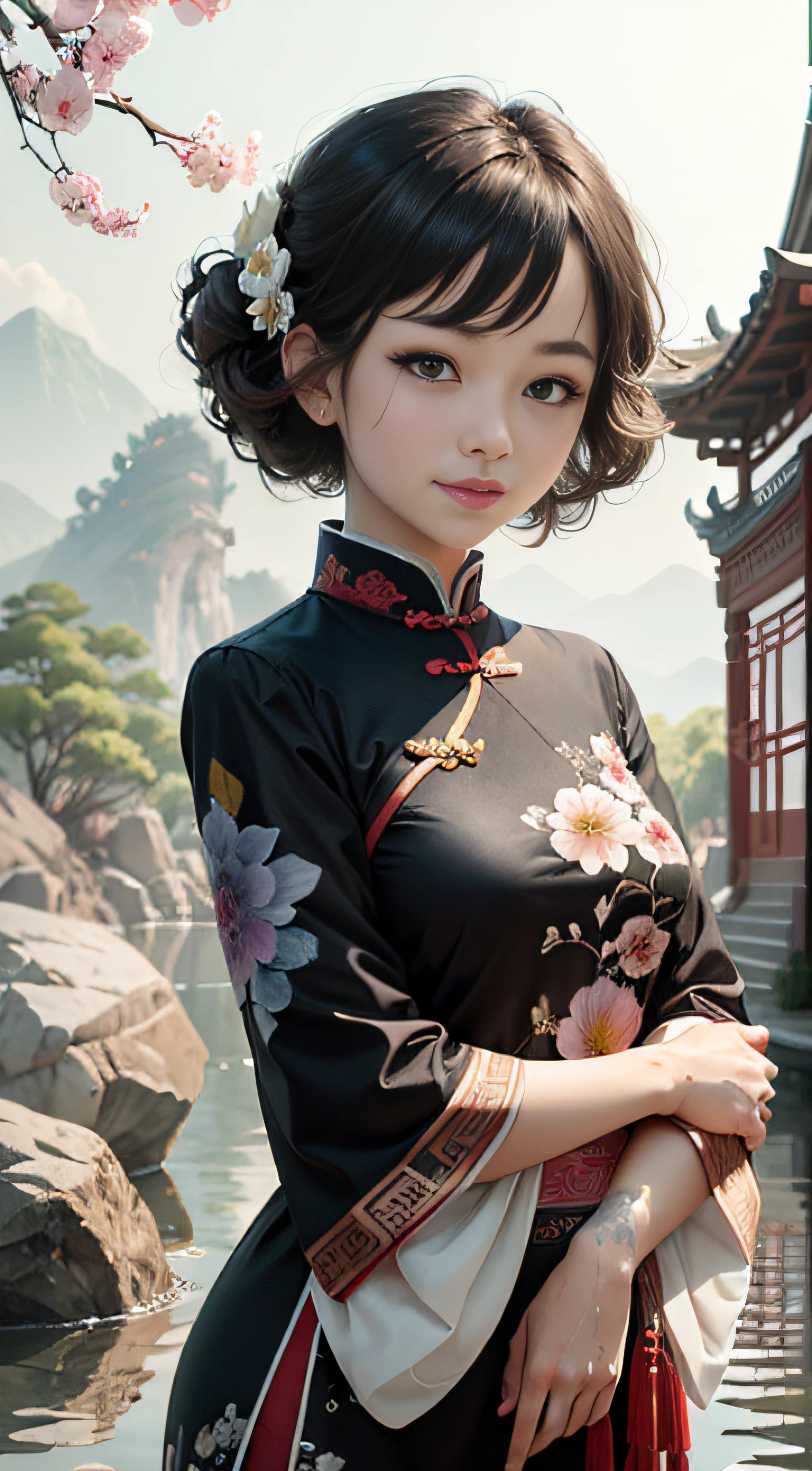 (Upper body: 1.5), (White background: 1.4), ((Standing picture)), Original, (Illustration: 1.1), (Highest quality), (Masterpiece: 1.1), (Ultra-definition CG Unity 8k wallpaper: 1.1), (Colorful: 0.9), (Panorama shot: 1.4), (Whole body: 1.05), (Solo: 1.2), (Ink splash), (Color splash), ((Watercolor)), Clear sharp focus, { 1girl standing }, ((Chinese style)), flower background, outdoors, rocks, looking at the viewer, happy expression, soft smile, pure and beautiful detailed face and eyes, beautiful intricate clothing decoration pattern details, black hair, black eyes, colored water