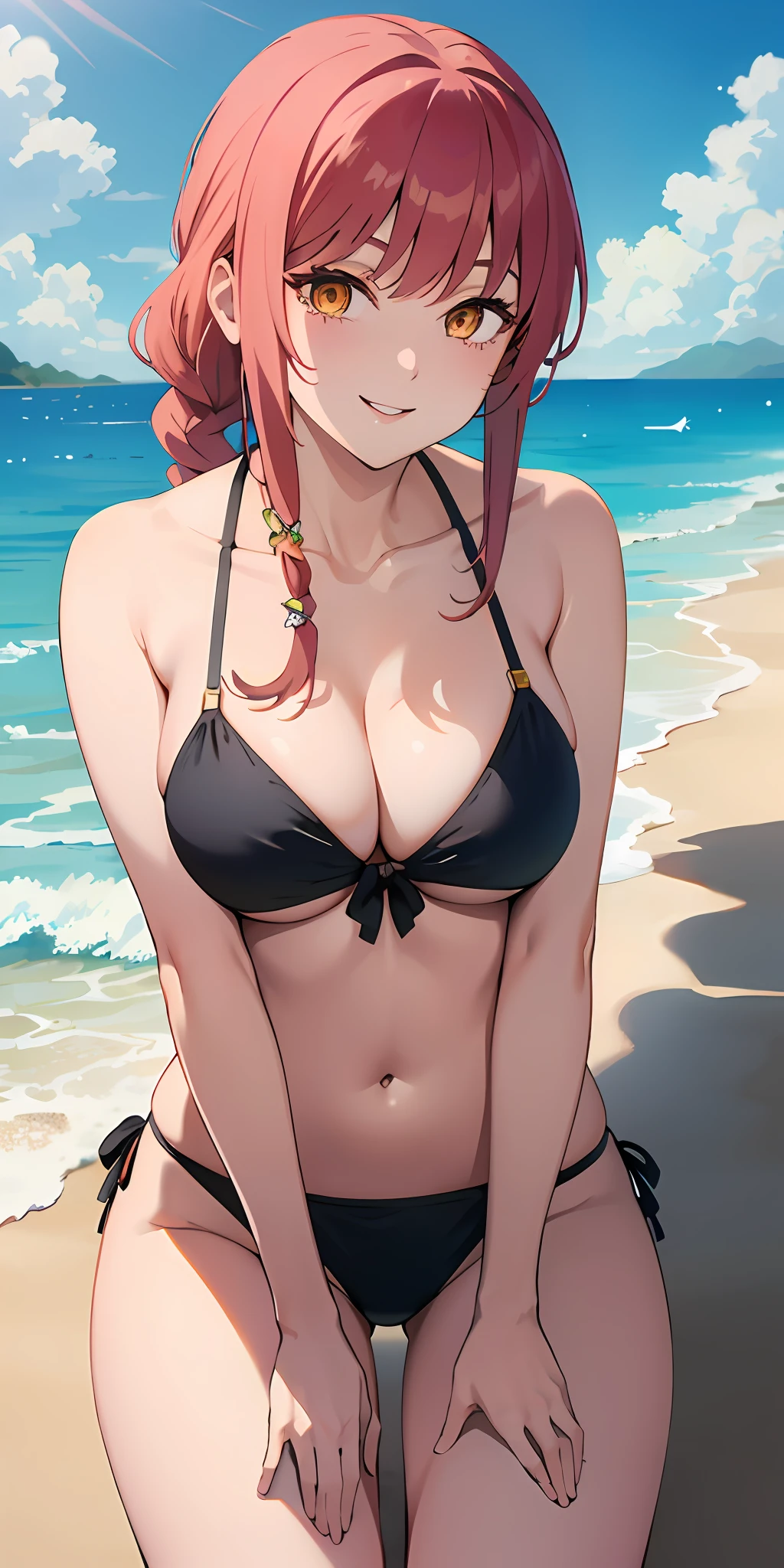 (Best quality:1.3), makimacsm, eye focus, large breasts, thighs, bikini, smiling, sexy, beach, (pov)