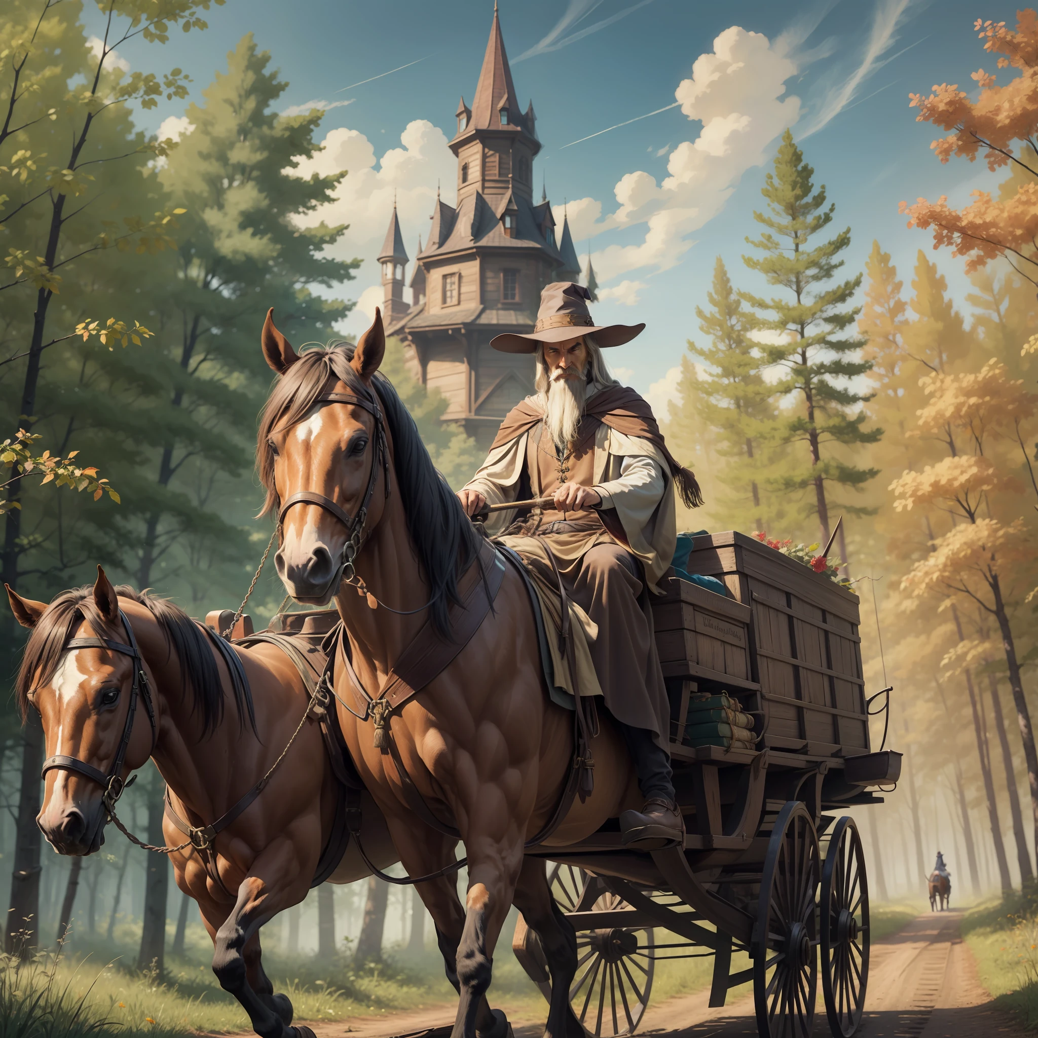 A wizard in brown robes and a pointed hat traveling in a horse-drawn wagon in the middle of a forest with the sun among the trees