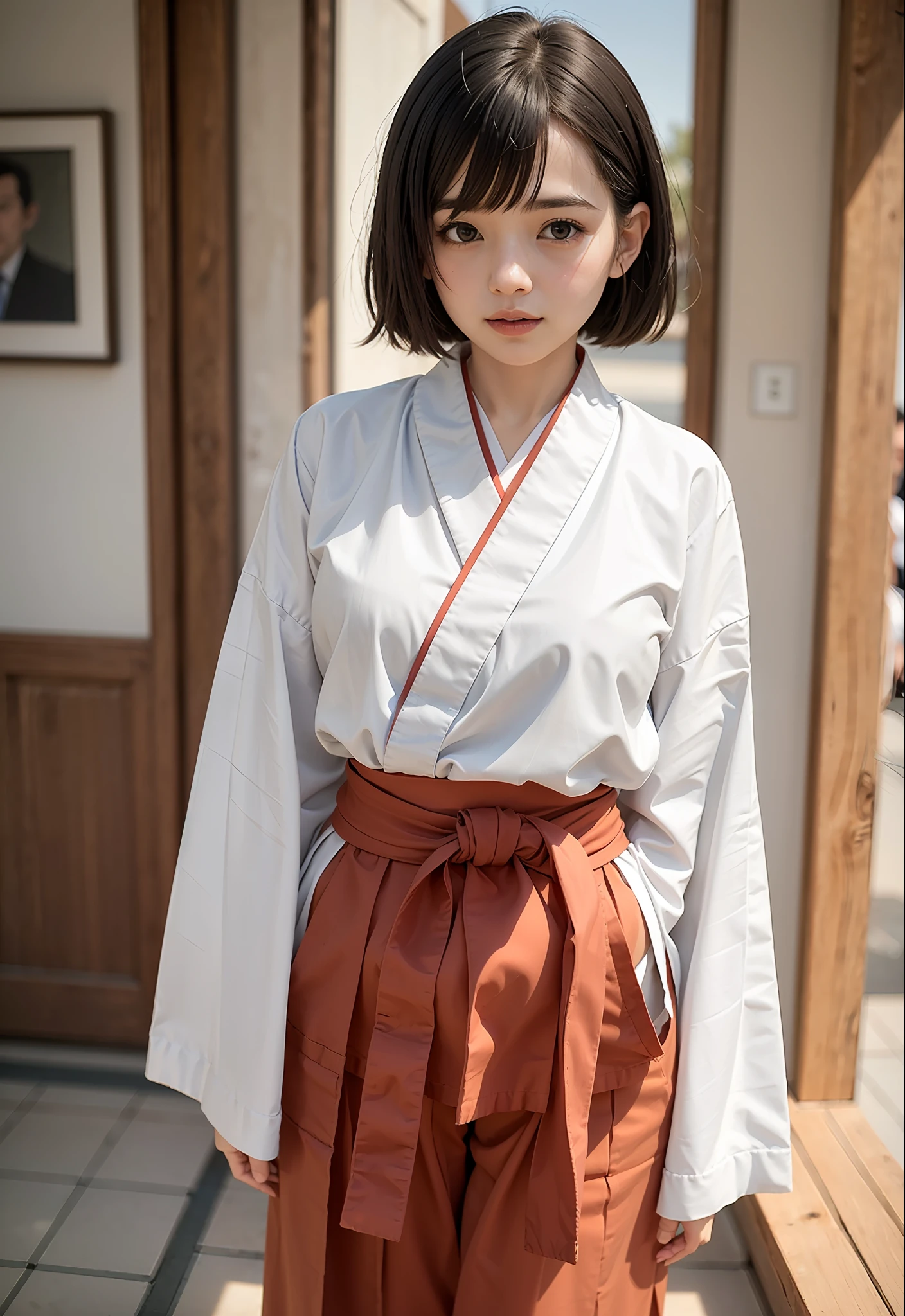 1girl,short hair,masterpiece,best quality,8K,photorealistic,detailed face,beautiful face,detailed skin,seikomatsuda,miko dressing,miko,red hakama,(full body),