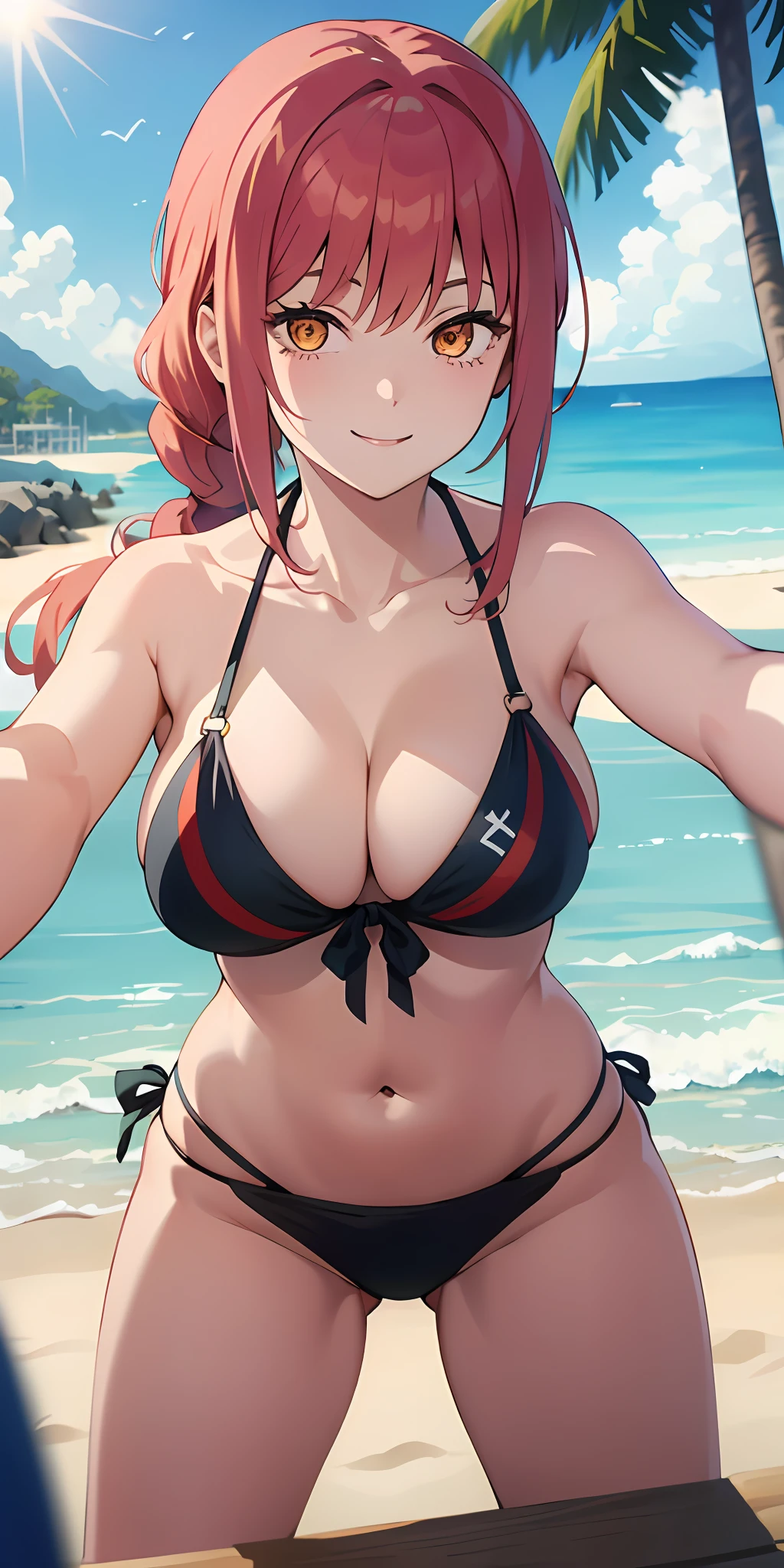 (Best quality:1.3), makimacsm, eye focus, large breasts, thighs, bikini, smiling, sexy, beach, (pov)