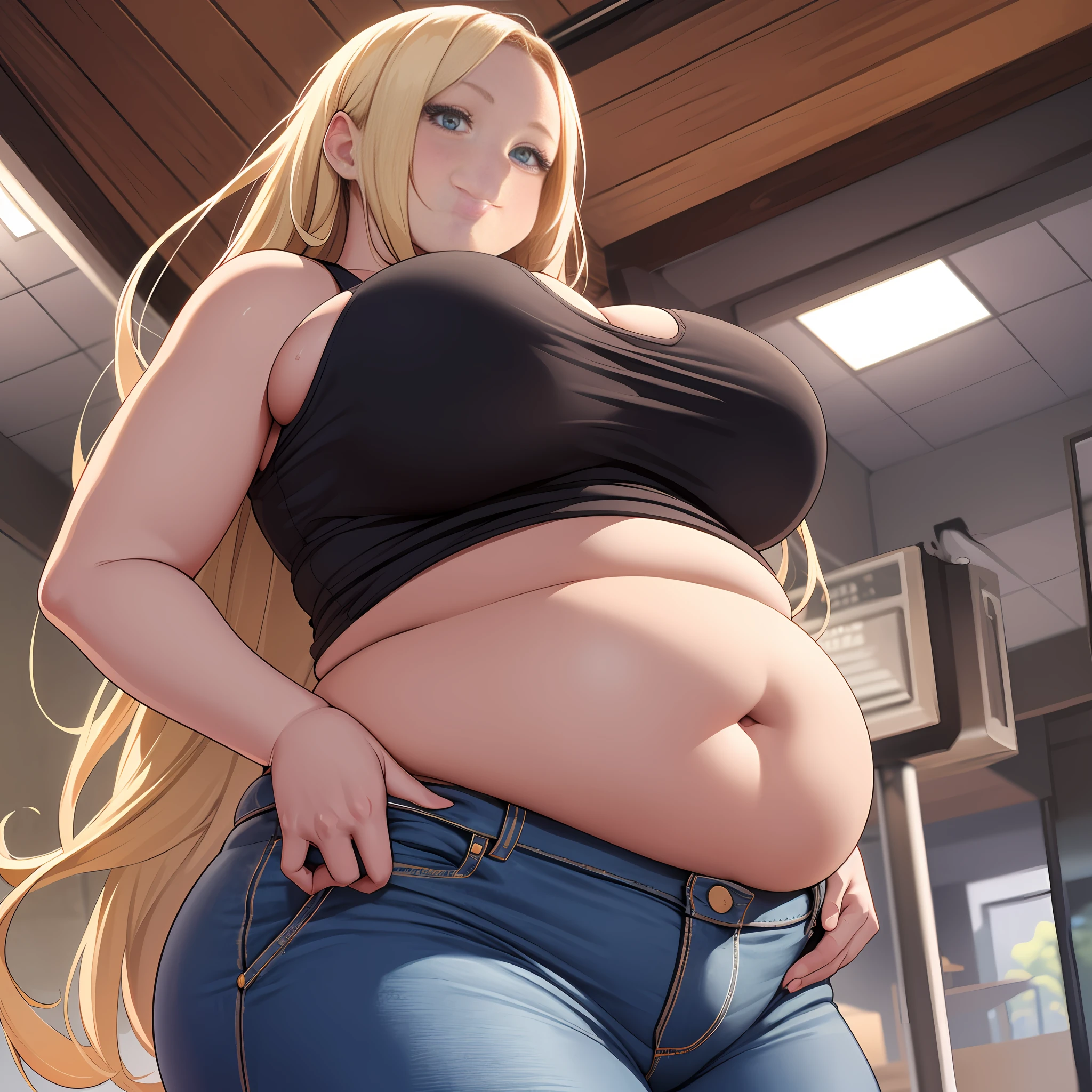 1girl, wide, hyper, fat, obese, huge belly, gigantic belly, smug, looking hungry, tank top, belly showing, skinny jeans, from below, massive belly, long hair, pulling viewer towards belly, sagging belly, fat breasts, sagging breasts
