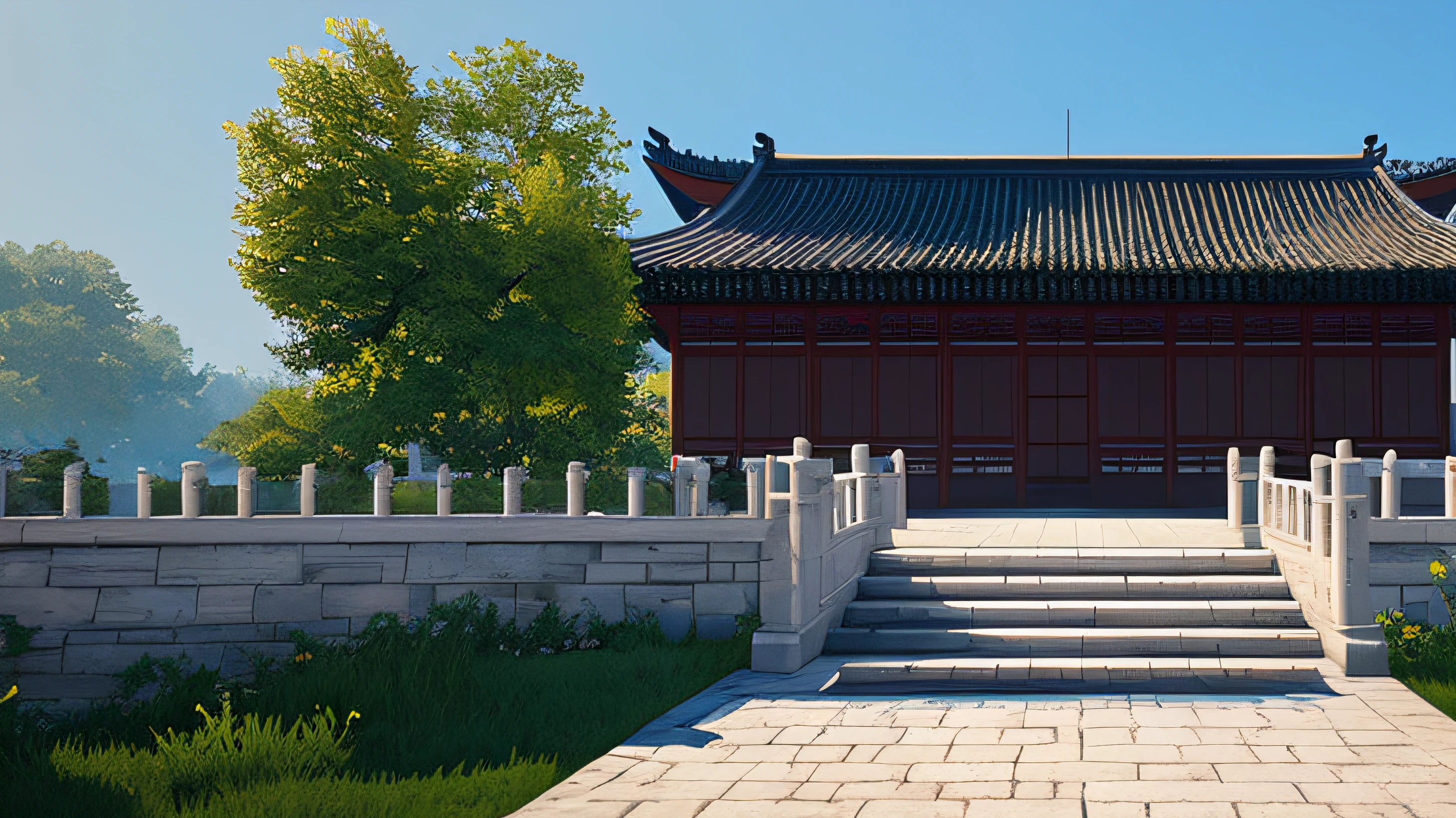 there is a long brick walkway with a building in the background, beautiful render of tang dynasty, inspired by Zhang Sengyao, rendered in cryengine, highly detailed environment, rendered in unreal engine 3, rendered in rtx, tang dynasty palace, inspired by Guo Chun, inspired by Dong Yuan, raytraced realistic, rendered in unreal engine 3d, in unreal 3 d engine