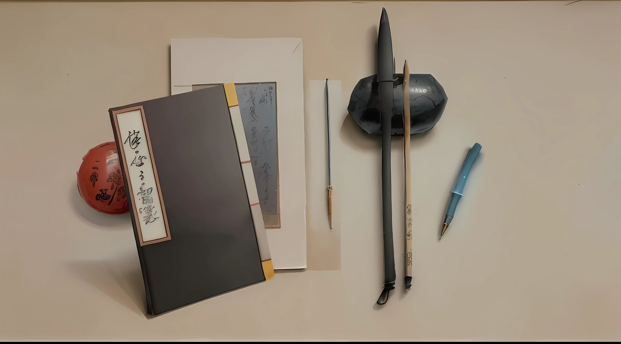 There is a book on the table, and the words on the book are Dao Yi. Wisdom, a pen, a ball, Chinese ink pen, Ma Yuanyu, Chen Hongshou, Chen Daofu, Wu Zuoren, Li Meishu, Chinese brush, Wang Zhongyu, Fu Baoshi, Liao Zhichun