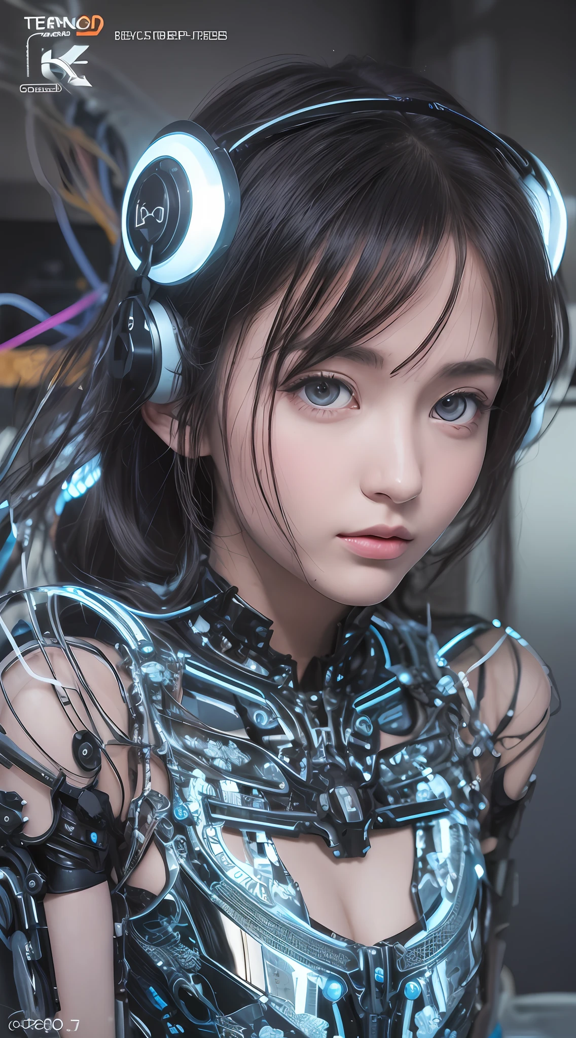 (Masterpiece, Best Quality, Beautiful Girl, Pretty Face:1.2), Solo, 8K,Raw Photo, Incredible Absurdity, Crop Top, View Viewer, , Face Light, Film Grain, Chromatic Aberration, Sharp Focus, Dynamic Lighting, Movie Lighting, Best Quality, Masterpiece, Ultra High Definition, (Photorealistic: 1.4), Raw Photo, 1 Girl, Black Hair, Glossy Skin, 1 Mechanical Girl, ((Ultra-realistic detail)), portrait, global illumination, shadows, octane rendering, 8K, ultra-sharp, shiny skin, realistic skin, big, cleavage exposed raw skin, metal, intricate ornament details, Evangelion details, very intricate details, realistic light, CGSoation trend, purple eyes, glowing eyes, Facing the camera, neon details, mechanical limbs, blood vessels connected to tubes, mechanical vertebrae attached to the back, mechanical cervical attachment to the neck, sitting, wires and cables connected to the head, electronic board, digital circuits, CPU, lots of small LED lamps, the background is a futuristic server room,