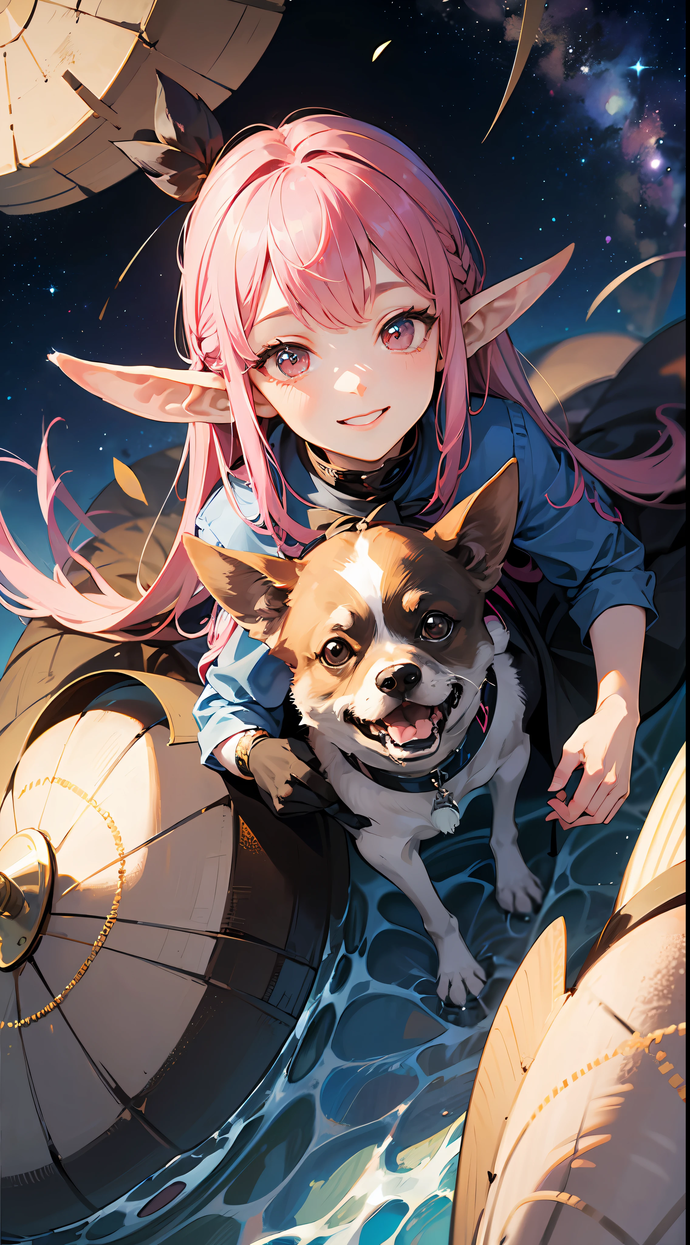 Masterpiece, high image quality, high definition, vast starry sky, skeleton faithful to human anatomy, very pale color, very gentle eyes, detailed illustration, starry sky, fantastic landscape, vertical elliptical face, young beauty elf, ultimate smooth skin, Western nose, fullbody, mouth closed, thin long ears, long pink hair, straight hair, smile, one woman in a white long dress, one puppy, Playing with puppy long-coat Chihuahua, ((((looking up from the ground))),