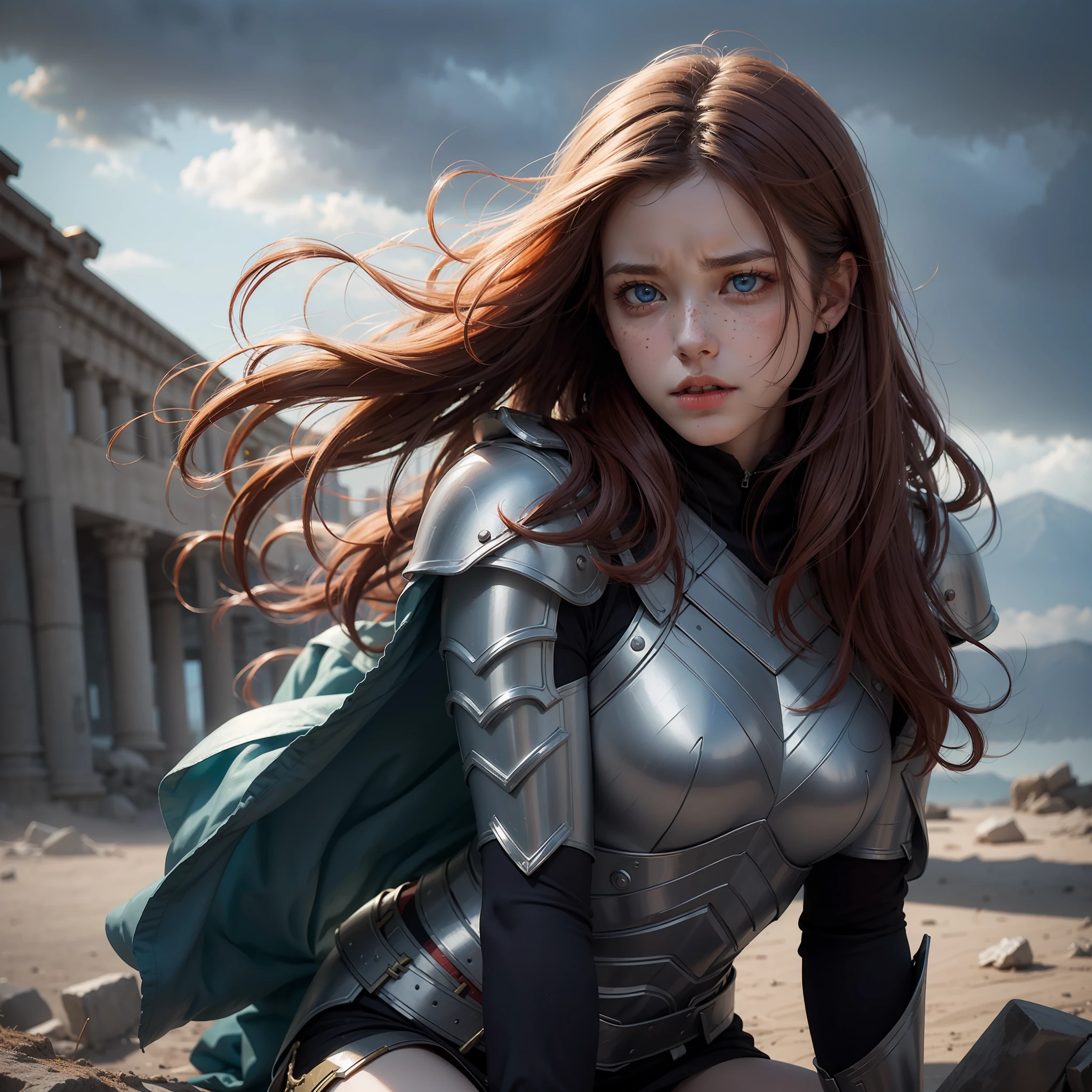 Ultra detailed, wide scene, scenery in the middle of a war between gods, a woman, long wavy hair, messy hair, light red hair, detailed eyes, darkblue eyes, clothing (Greek soldier armor), kneeling, tears of blood falling from her eyes, blood everywhere, freckles, realistic face, porcelain skin, closed mouth, flowing hair, wind, storm, expression of pain