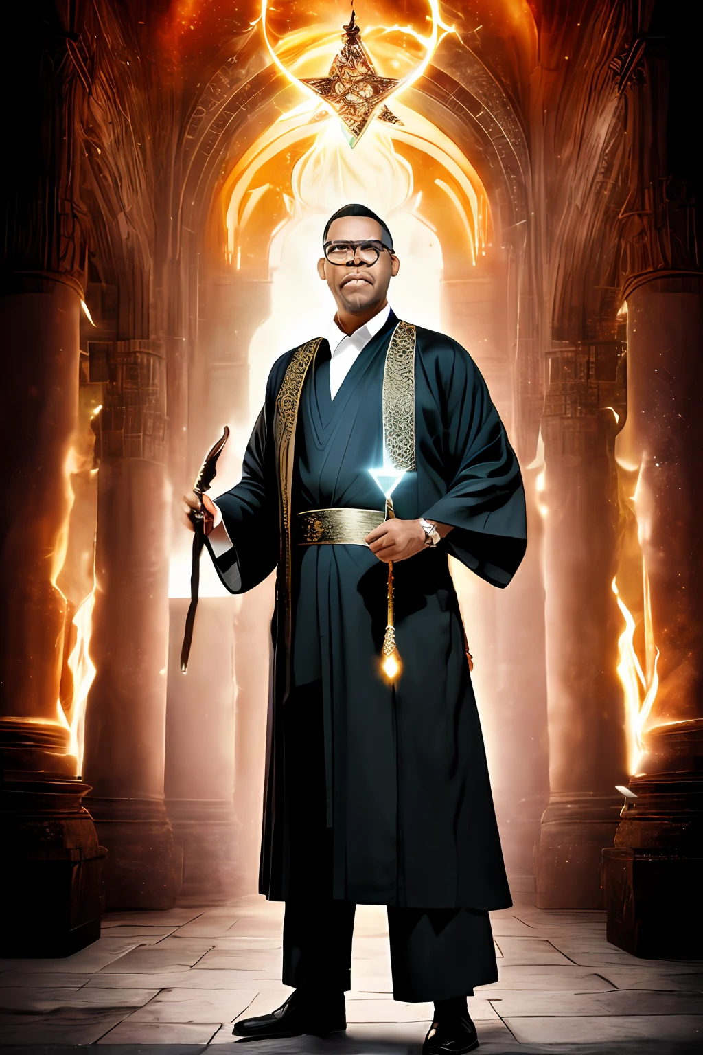 GuttonerdVision6, a portrait of a magician with his unmistakable white beard, with his intricate robes, holding a staff with a shining gemstone at the tip, conjuring his powers, lightning and mystical energies are part of the scene. Thematic and detailed scenery with background blur.