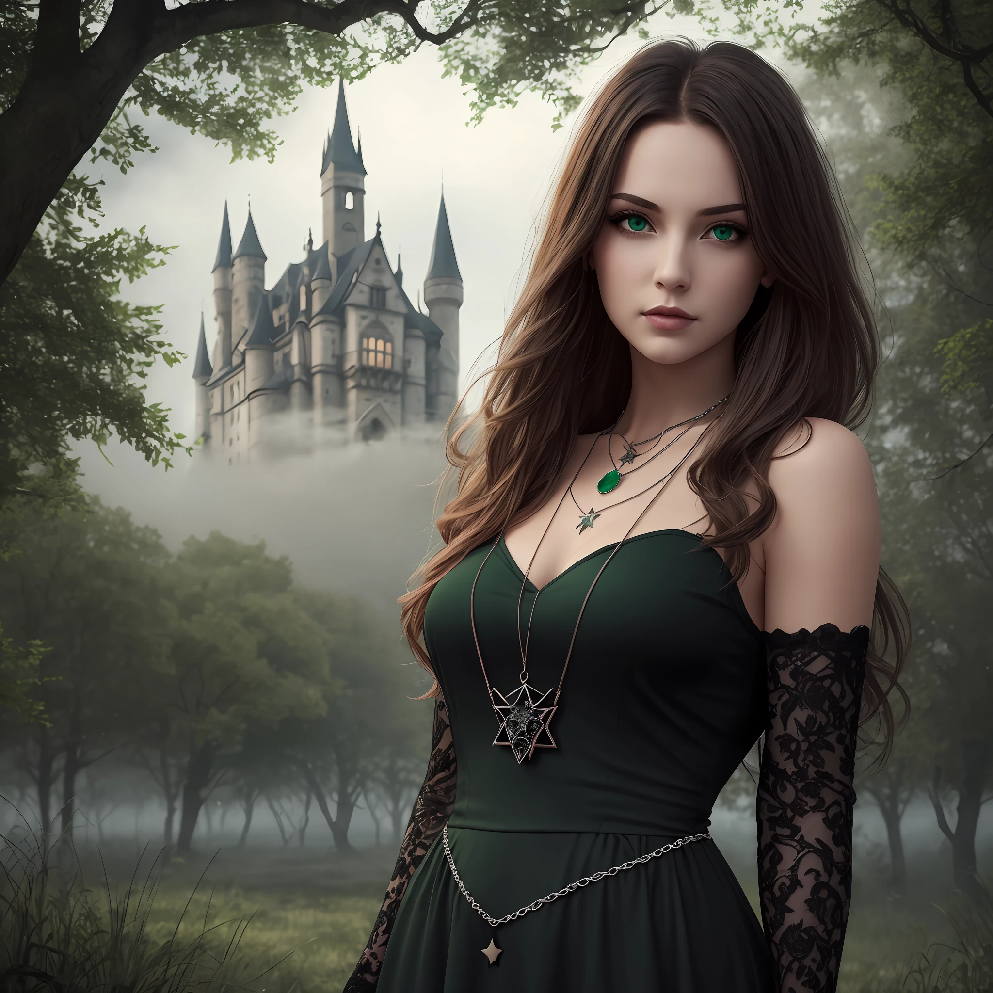 Young American woman with brown hair, dark green eyes with a star-shaped emerald necklace. Pink lips. Wearing black dress. Dark Gothic forest background with Gothic castle behind no sunlight and fog. 4k, realistic, better picture. Size: 1410x2250
