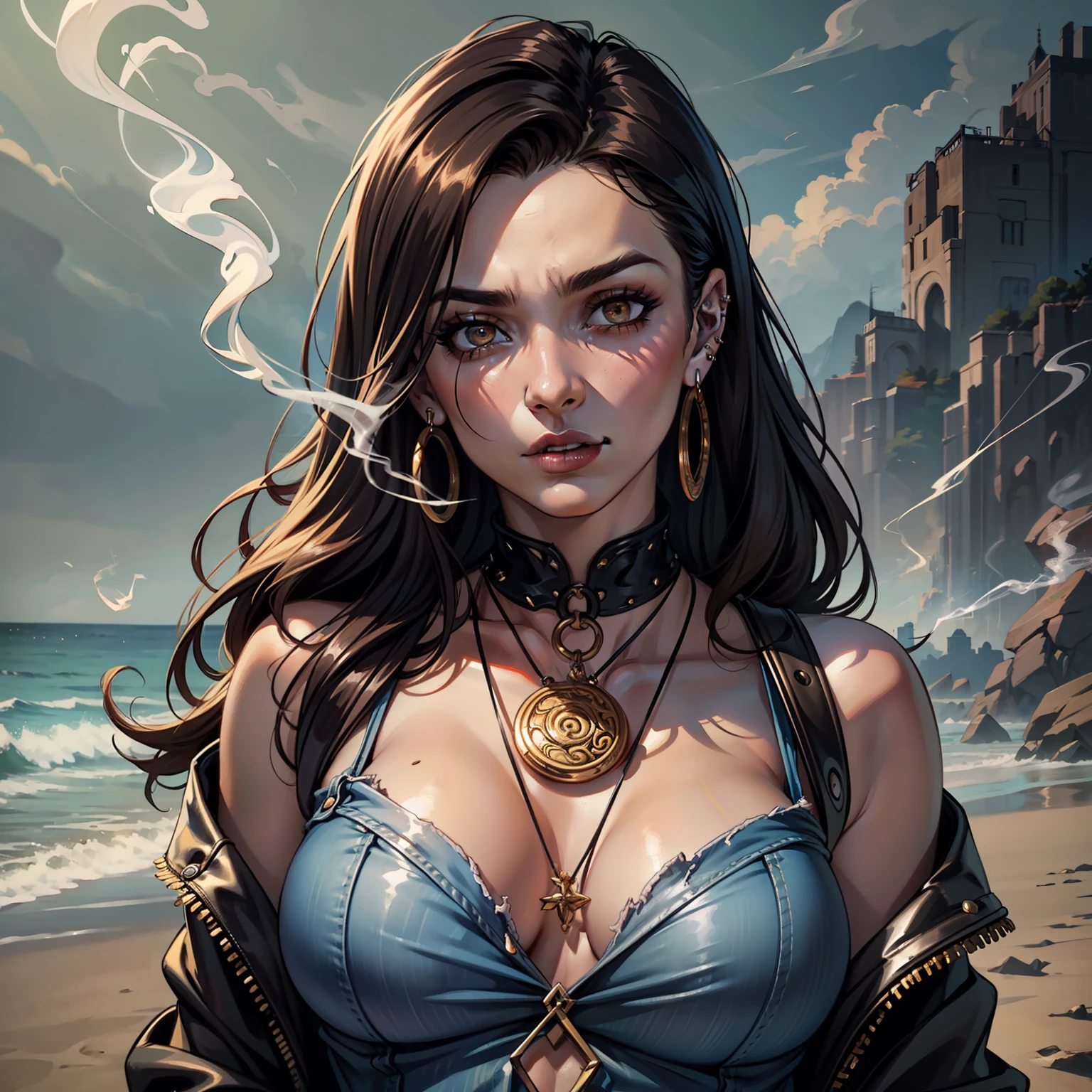 (extremely detailed 8k wallpaper), dark theme, Wizard on the Rise, modern horror, 2020s, woman, 35 years old, modern witch, (((Magician of the Dream Speakers Tradition)))), wearing hippie shirt with ripped jeans, sharp focus, (subsurface scattering:1.1), award-winning photograph, centered face, Bruna Marquezini's face, nose piercings, eyebrow piercings, ear piercings, half-body photo:1.1, medium dark brown hair, heavy gothic eye makeup, light brown eyes:1.2, trance expression, flattened, mist, mystical smokes swirling in spirals, ((smoking on the edge of the beach)), dramatic lighting