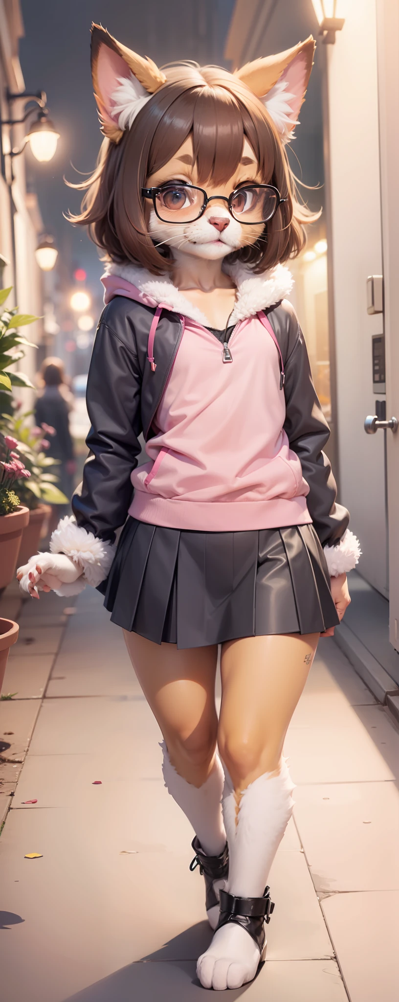 Anthro furry, fursona, dark brown hair, wearing black and pink skirt, pose, city in the night background, 1solo, wearing square glasses, walking, fur, fur body, full body covered in fur, fluffy paws, fur body, fluffy body, small size, small body, cute fursona, cute body, fluffy, small size, ???, femboy, feminine boy, flat chest